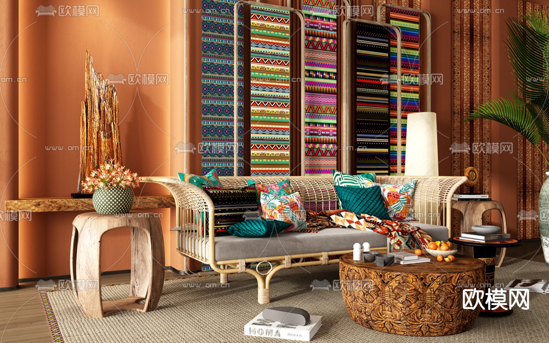 东南亚藤编多人沙发3d模型下载（渲染图1）