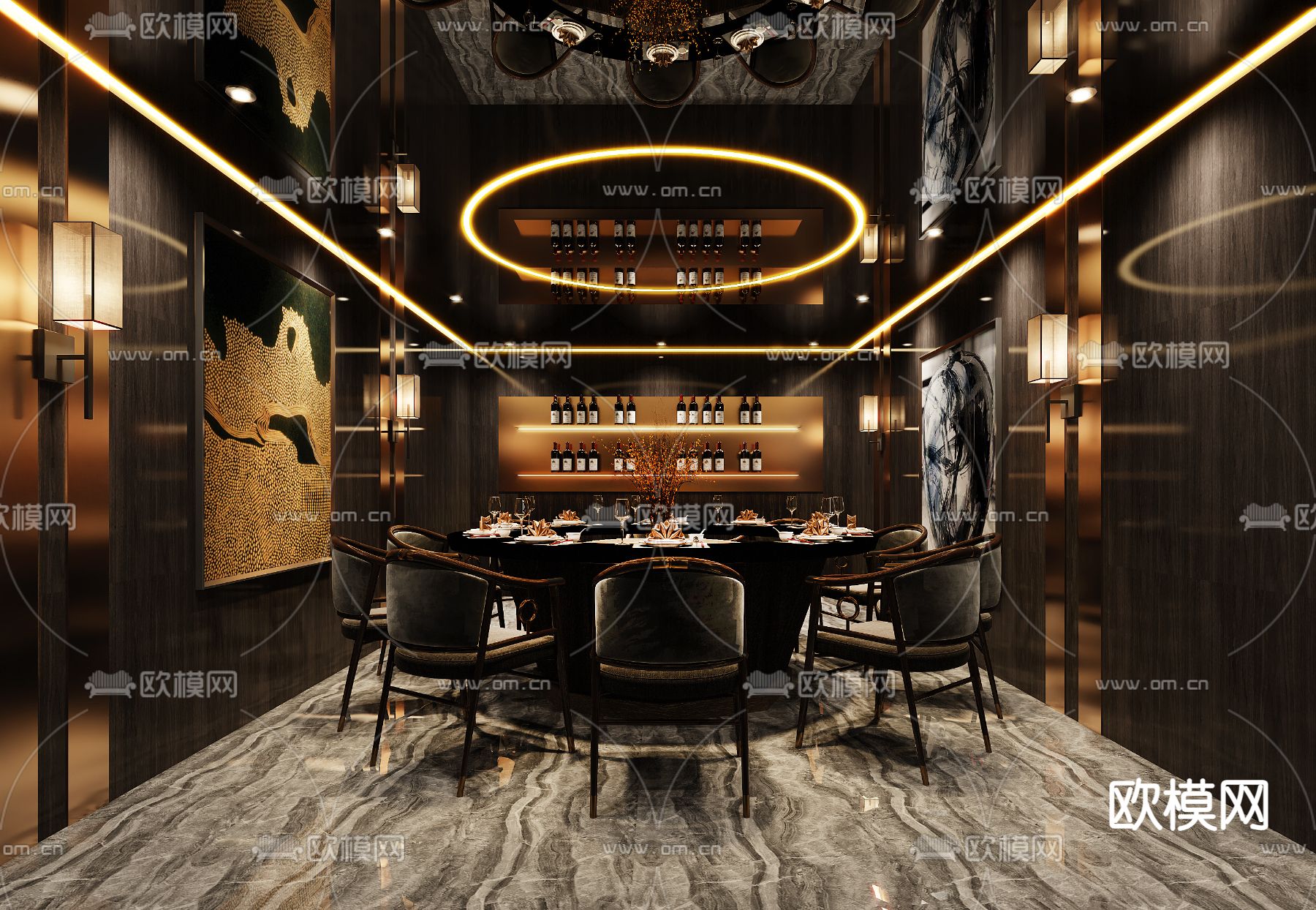 现代轻奢餐厅包厢3d模型下载（渲染图2）