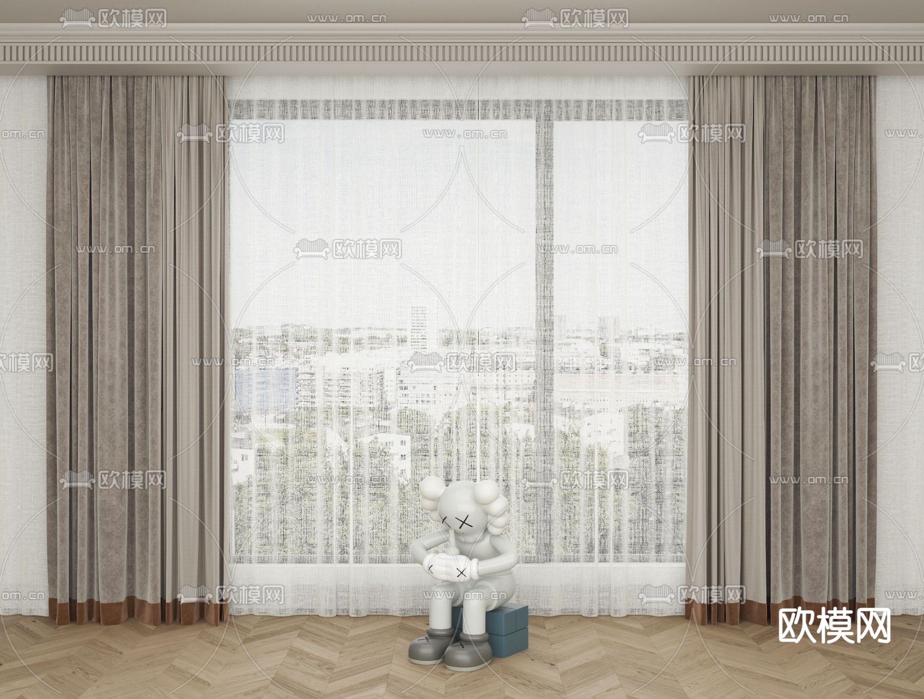 现代浅啡色绒布窗帘3d模型下载