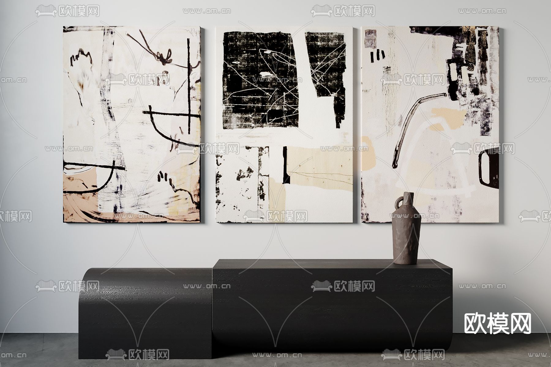 侘寂抽象装饰画su模型下载（渲染图1）