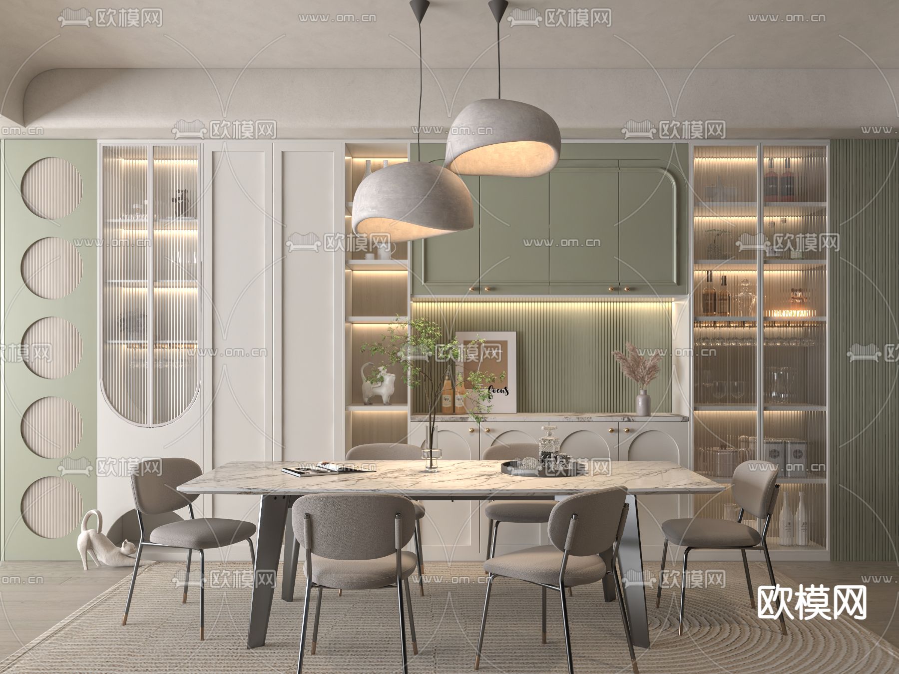 北欧轻奢条形餐桌椅3d模型下载