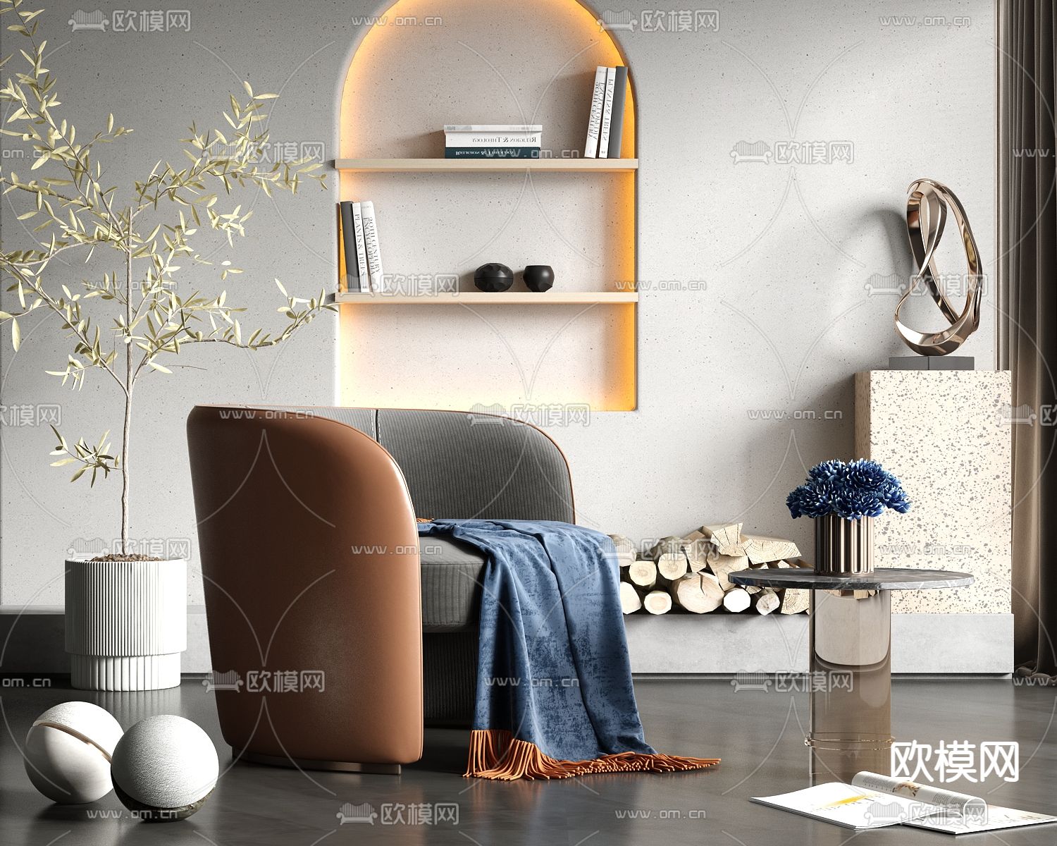 现代轻奢咖色布艺单人沙发3d模型下载