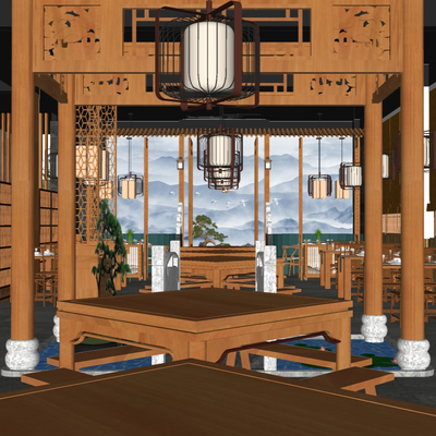  新中式自助餐厅su模型 