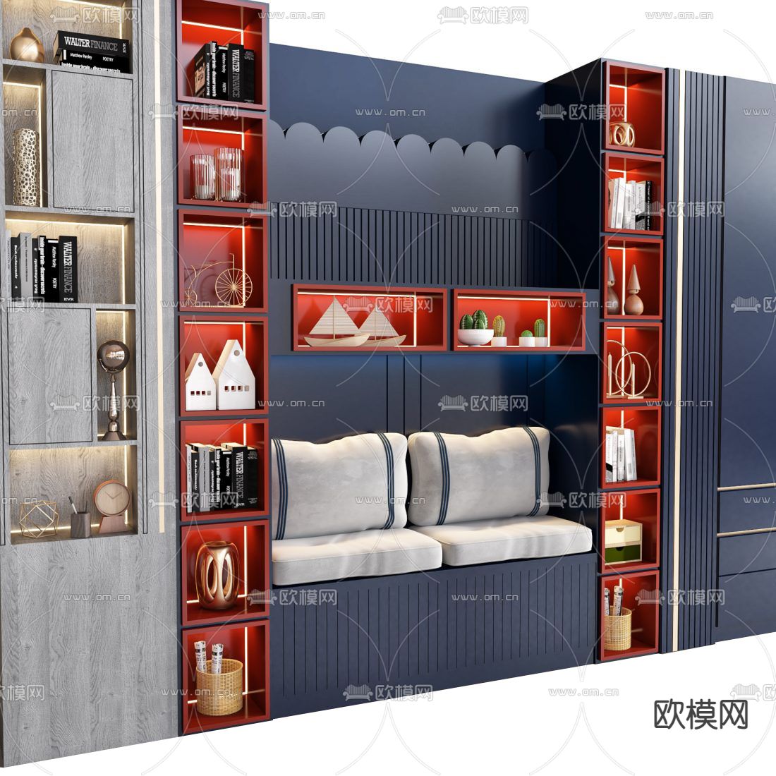 北欧红蓝色儿童装饰柜衣柜3d模型下载（渲染图3）