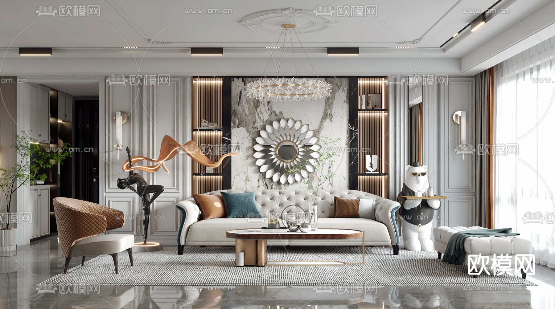 简欧轻奢客厅3d模型下载（渲染图1）