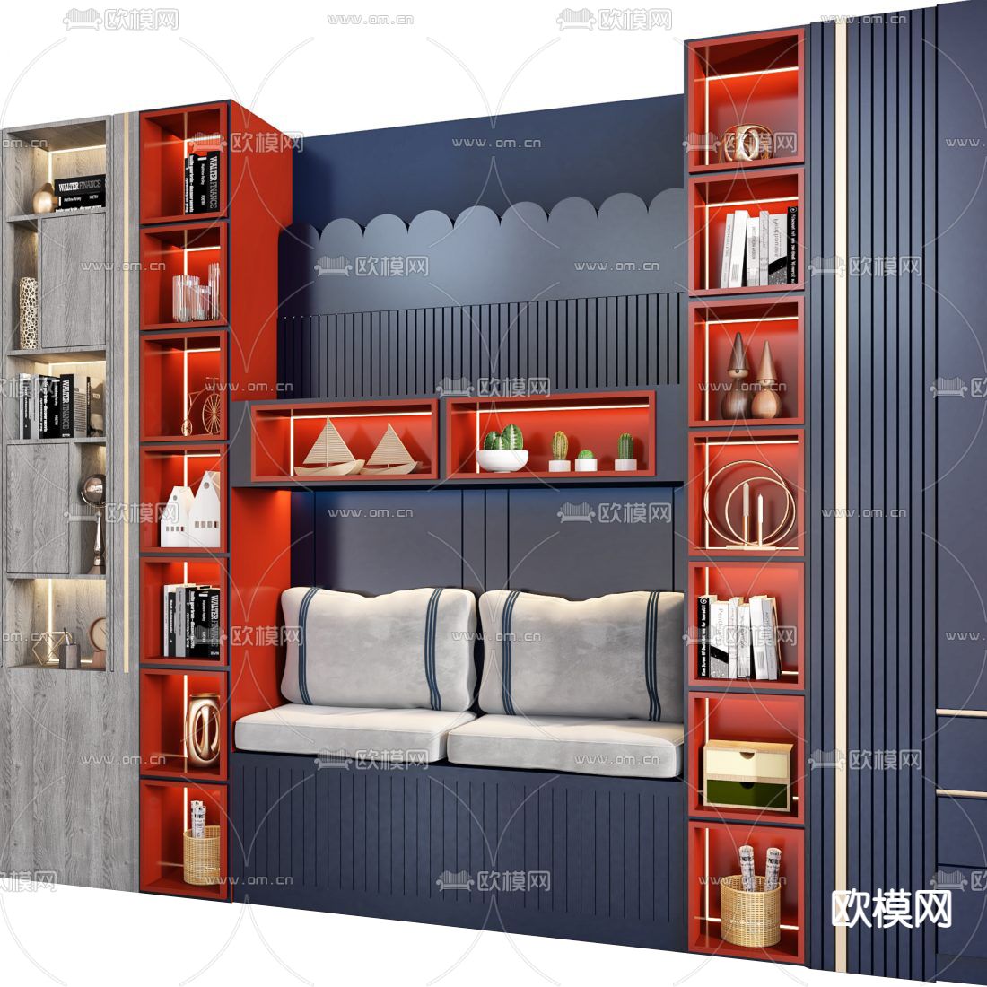 北欧红蓝色儿童装饰柜衣柜3d模型下载（渲染图2）