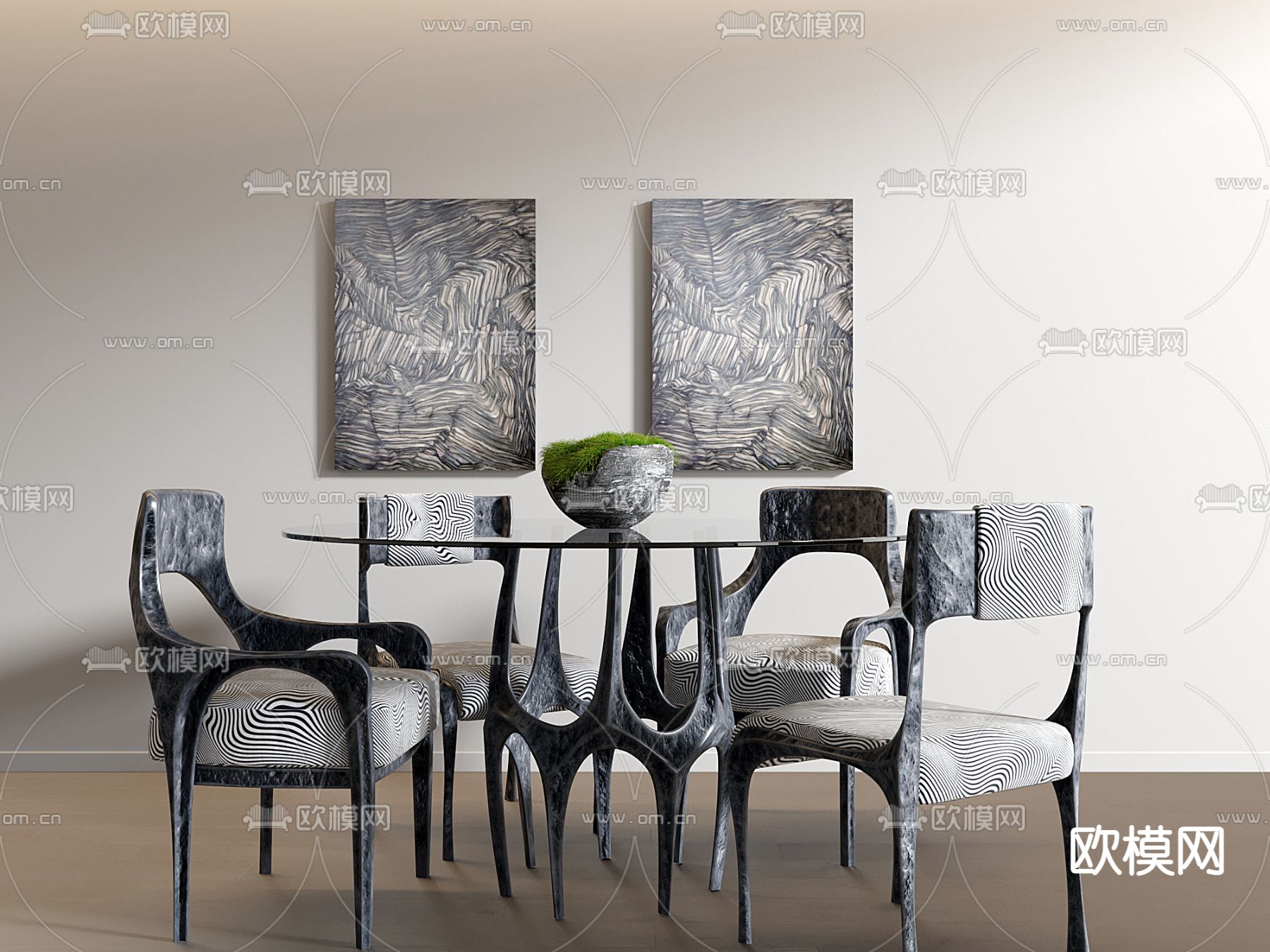 后现代玻璃圆形餐桌椅3d模型下载