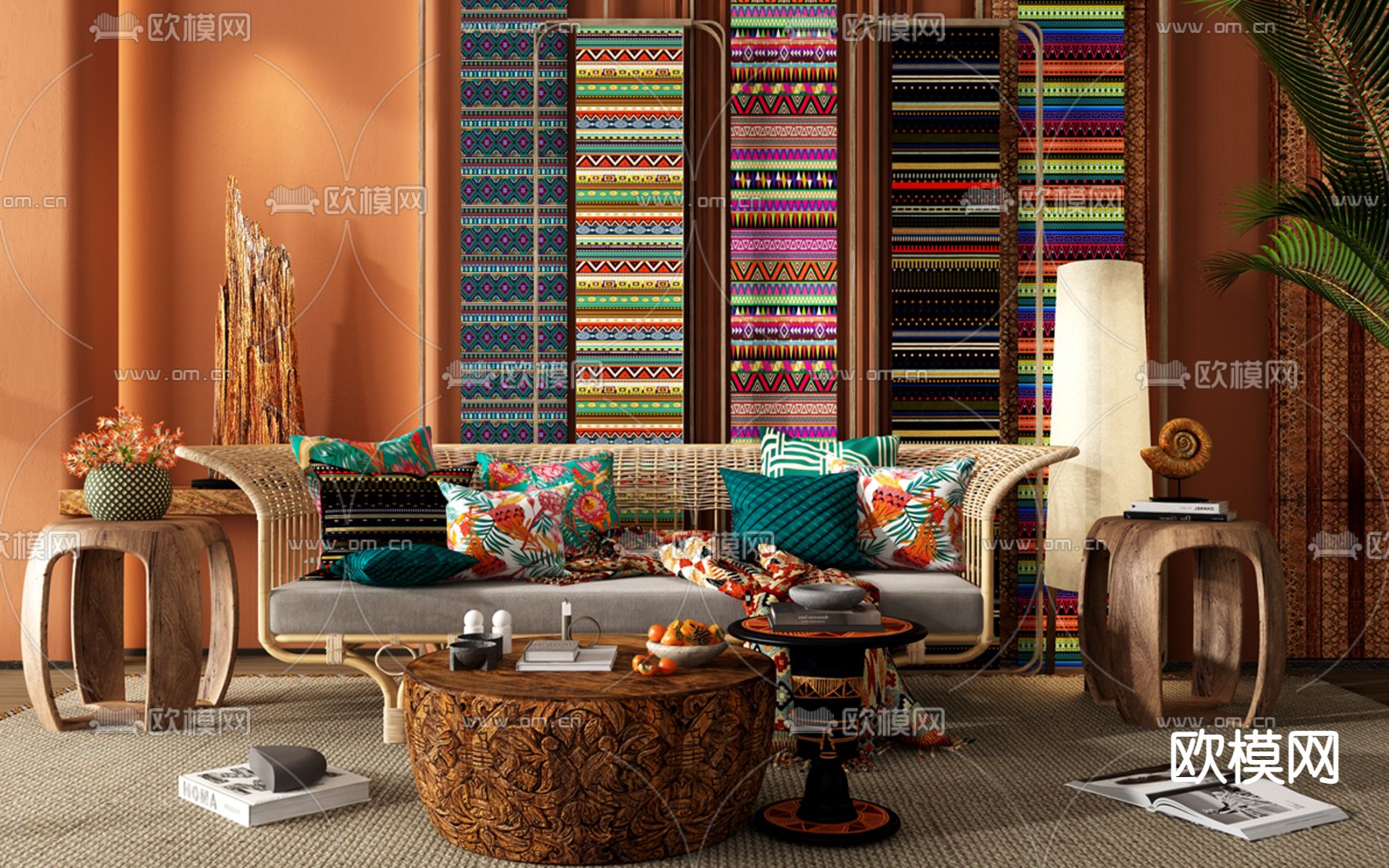 东南亚藤编多人沙发3d模型下载（渲染图2）