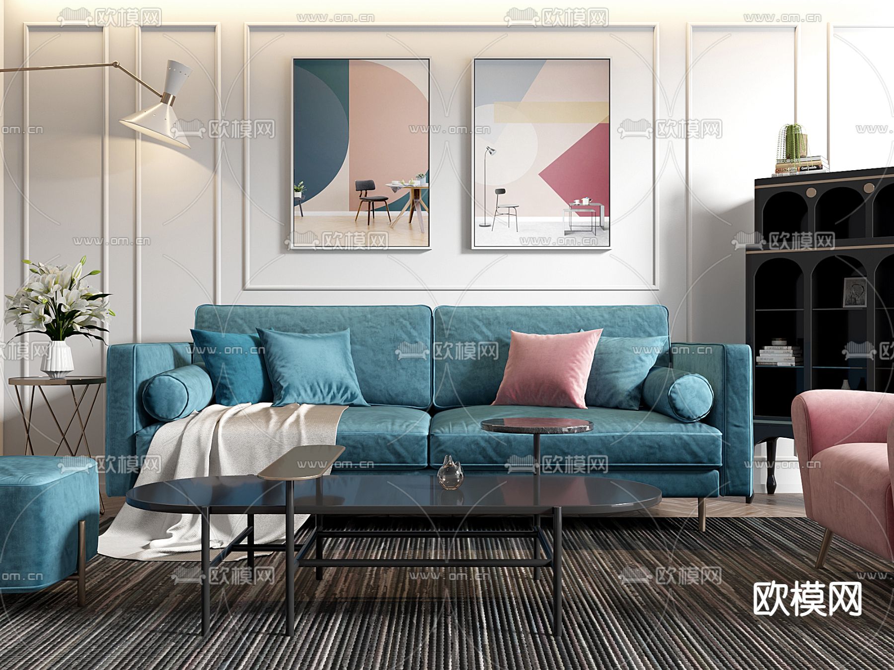 孟菲斯风孔雀蓝布艺双人沙发3d模型下载