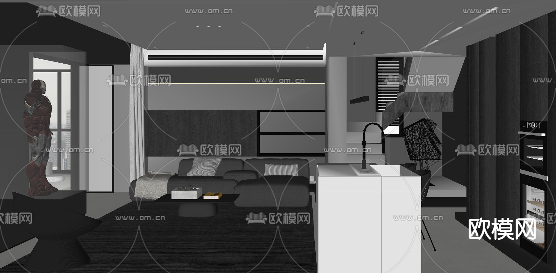 现代高级灰客厅餐厅su模型下载（渲染图3）