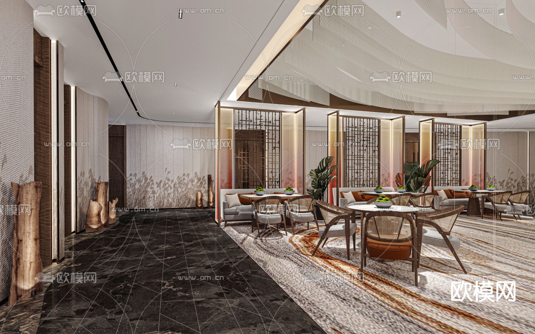 新中式酒店餐厅3d模型下载（渲染图1）