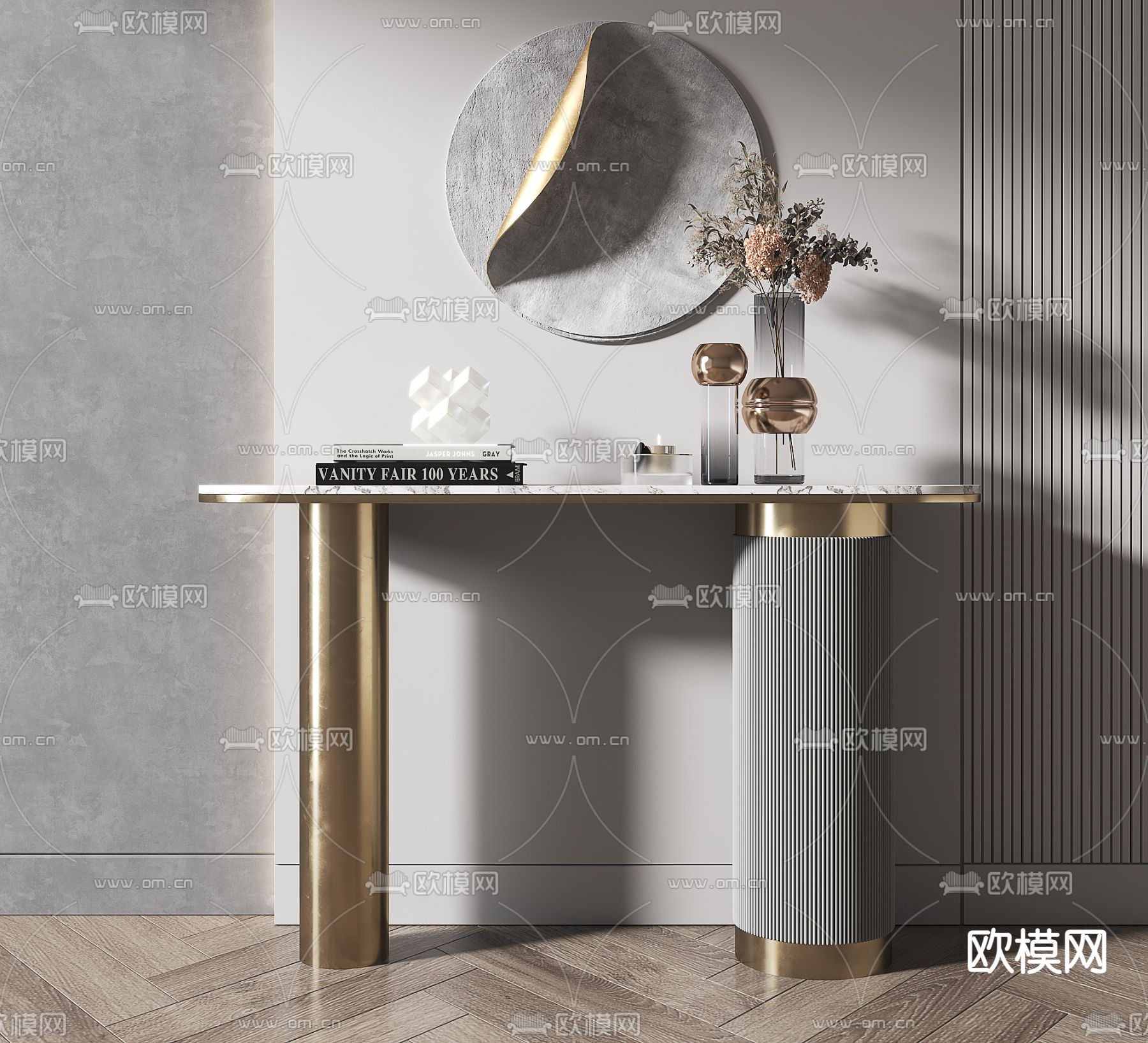 现代轻奢端景条案su模型下载（渲染图1）