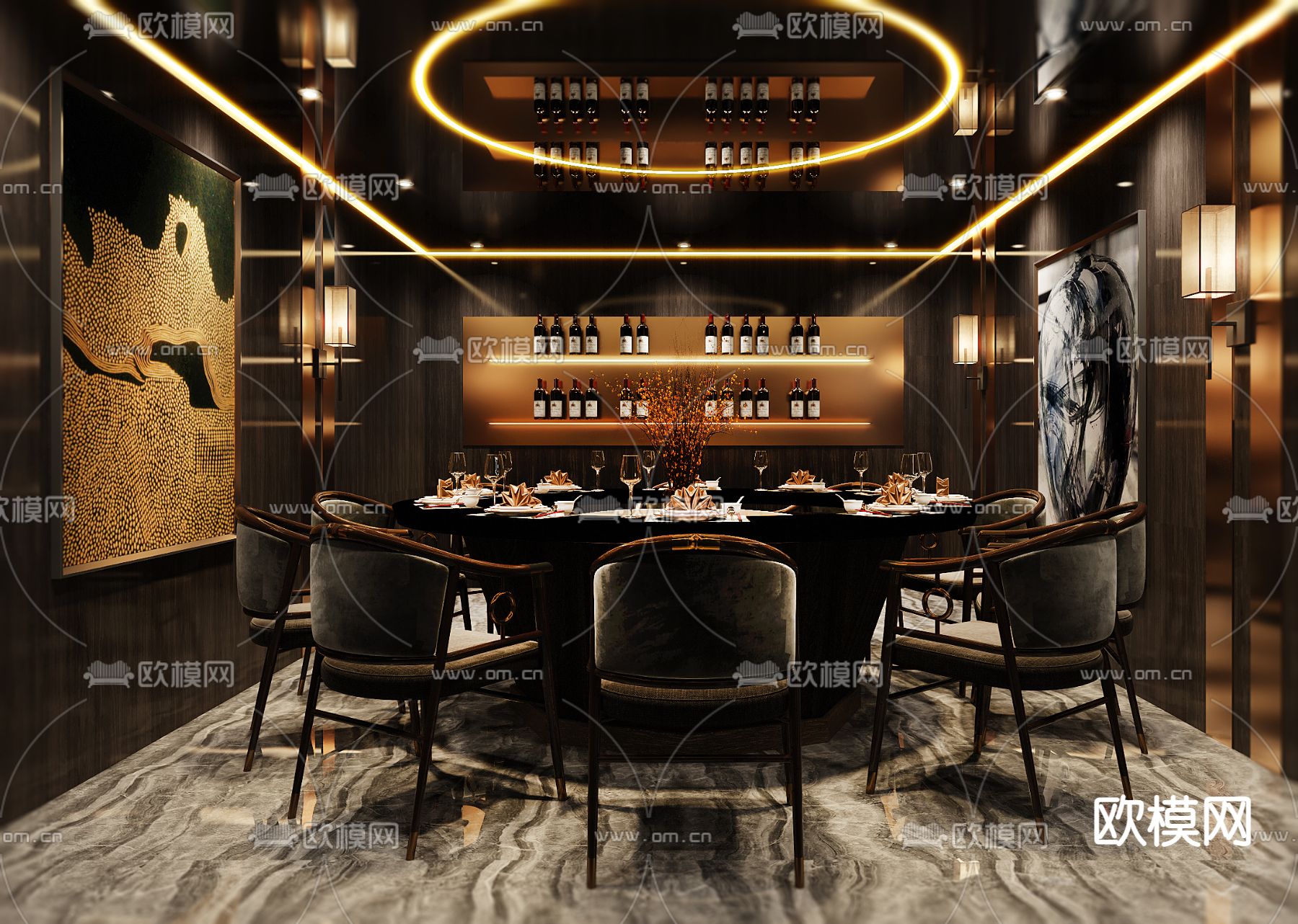 现代轻奢餐厅包厢3d模型下载（渲染图1）