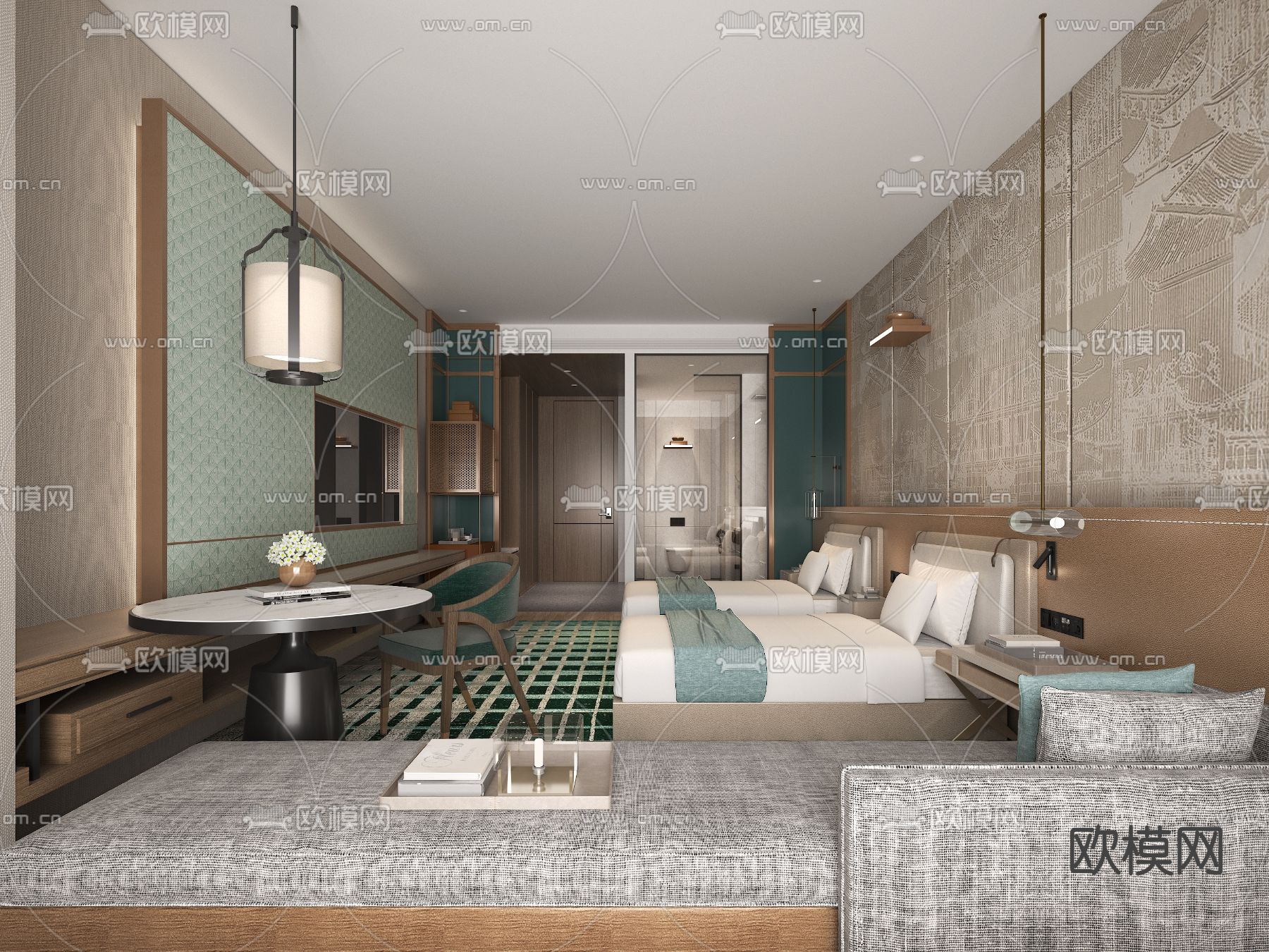 新中式酒店标间客房3d模型下载