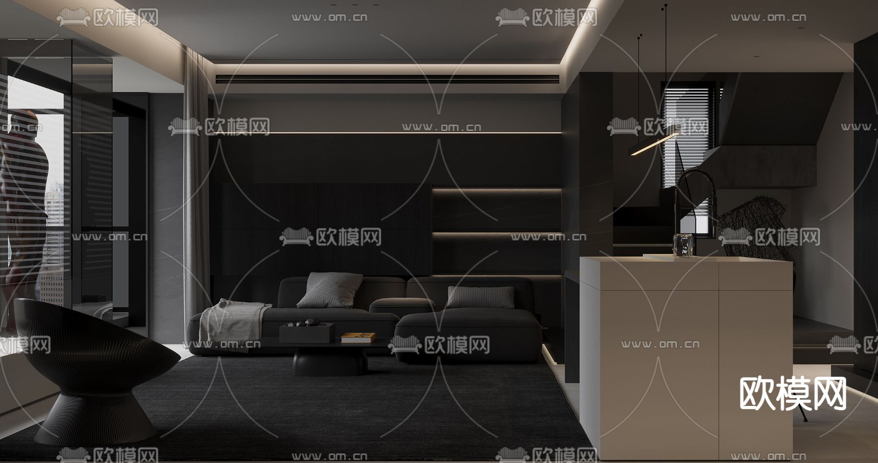 现代高级灰客厅餐厅su模型下载（渲染图1）