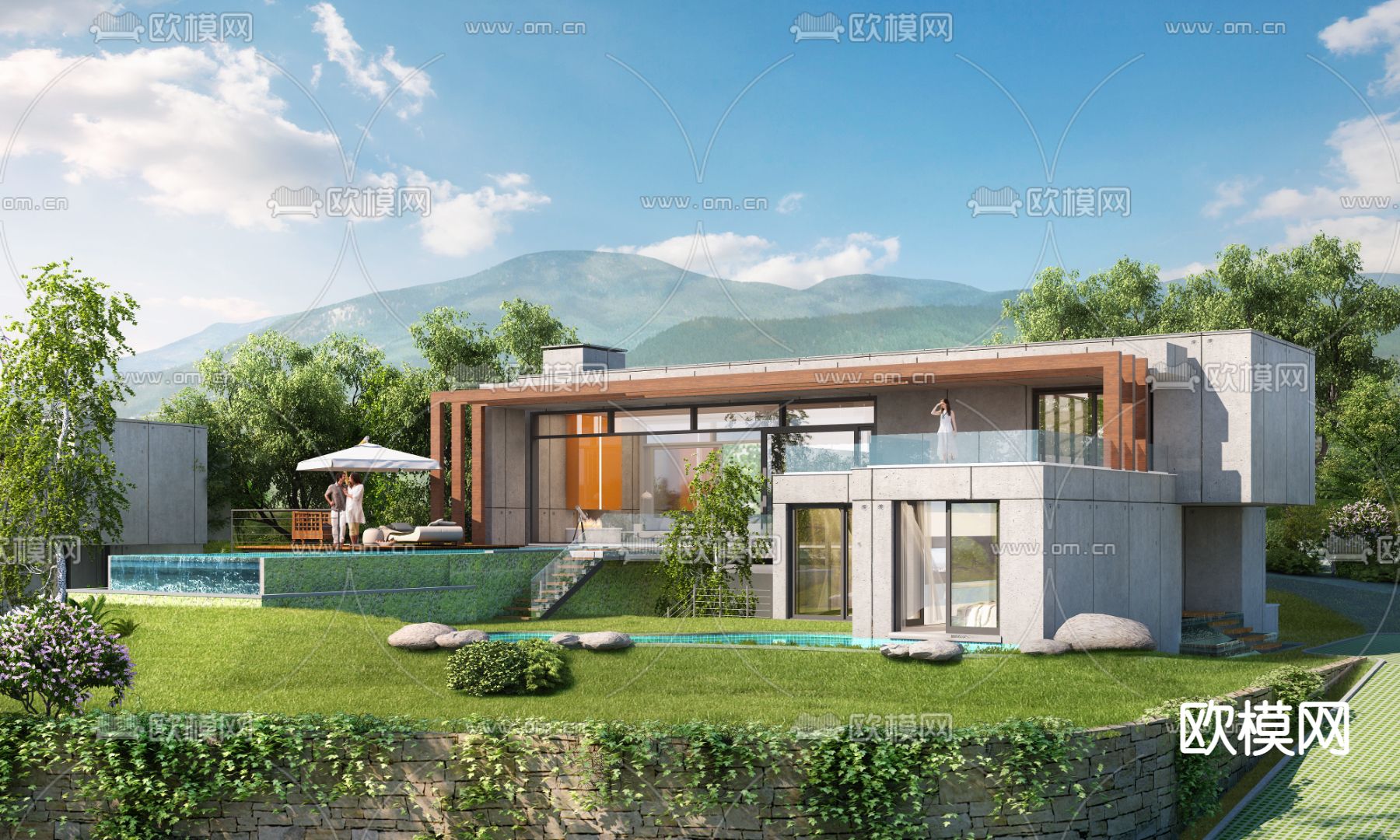 现代独栋别墅3d模型下载（渲染图1）