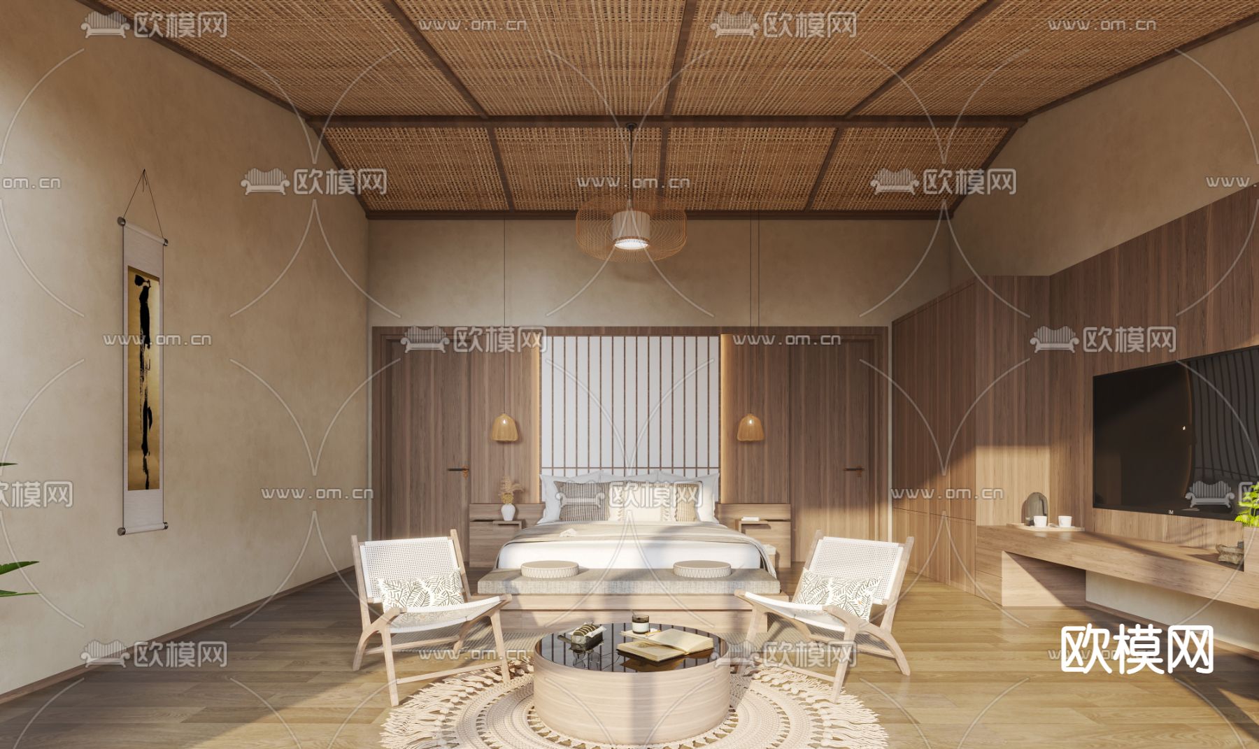 侘寂风卧室民宿3d模型下载