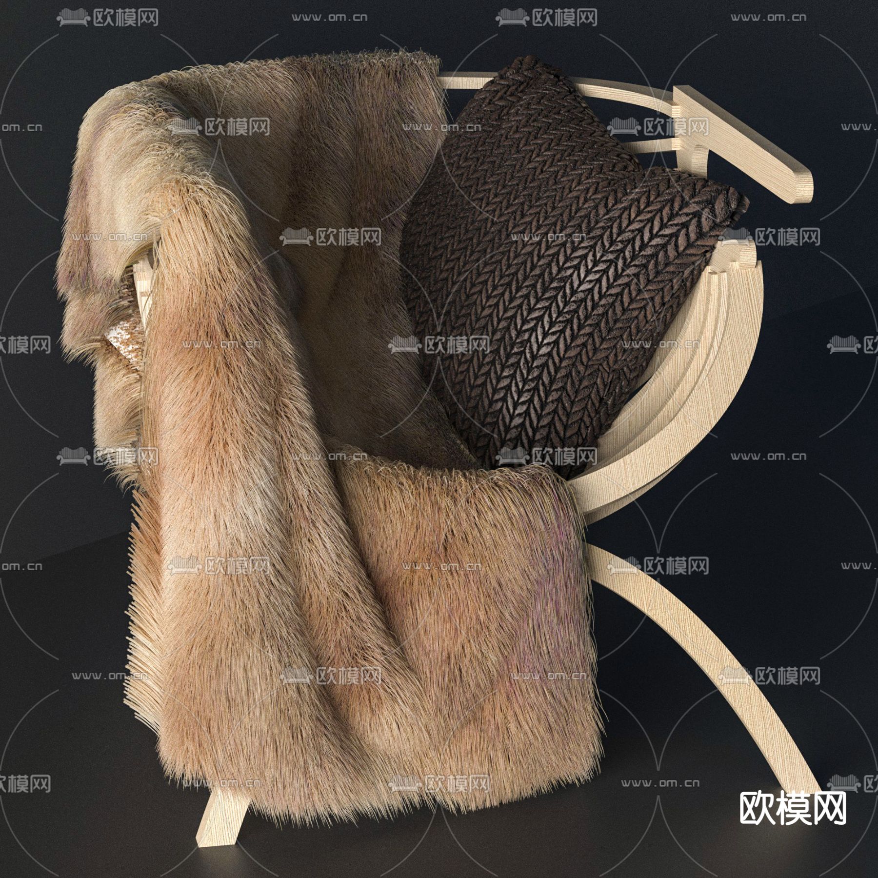 北欧简约格栅实木皮草抱枕休闲椅免费3d模型下载_ID12003244_3dmax免费模型-欧模网