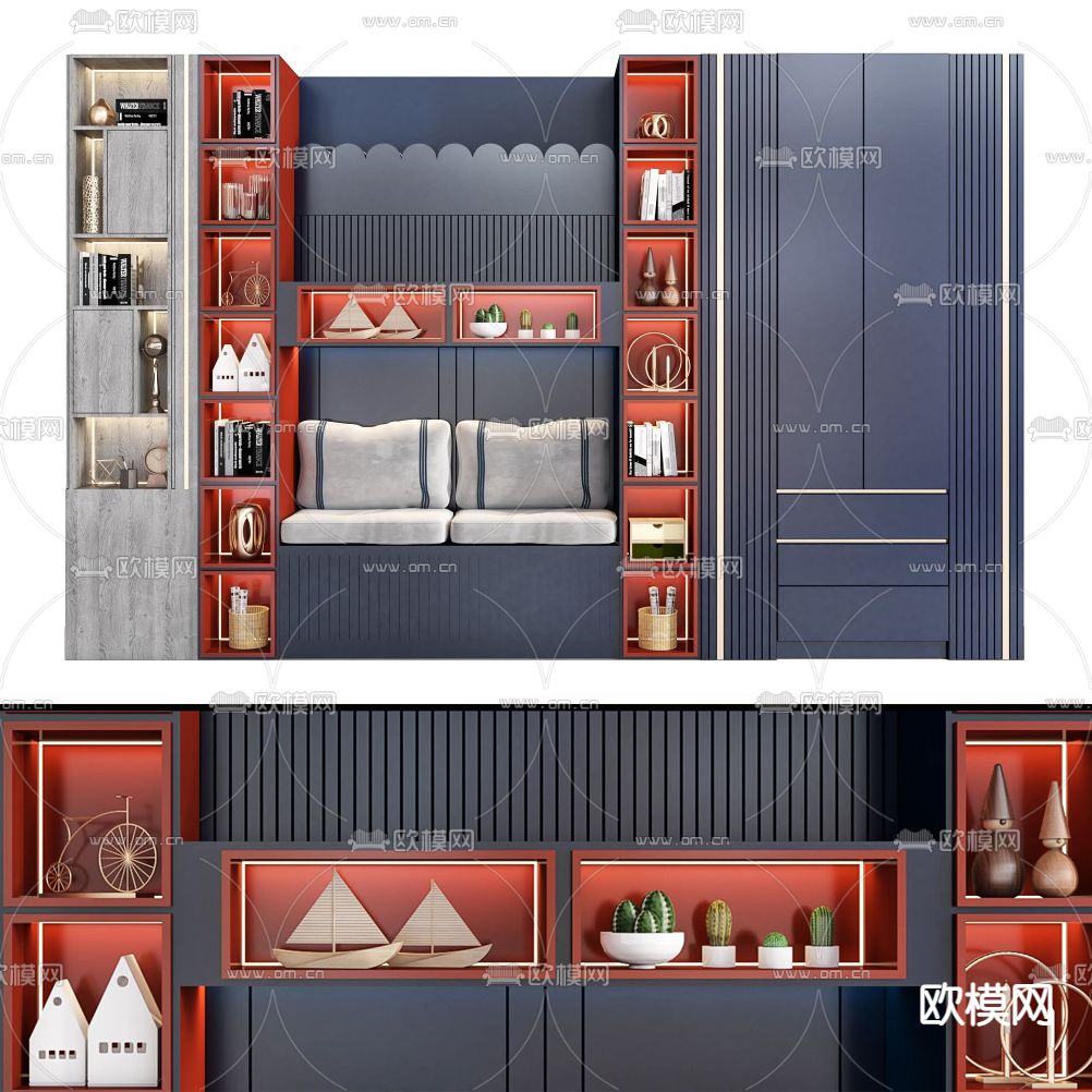 北欧红蓝色儿童装饰柜衣柜3d模型下载（渲染图1）