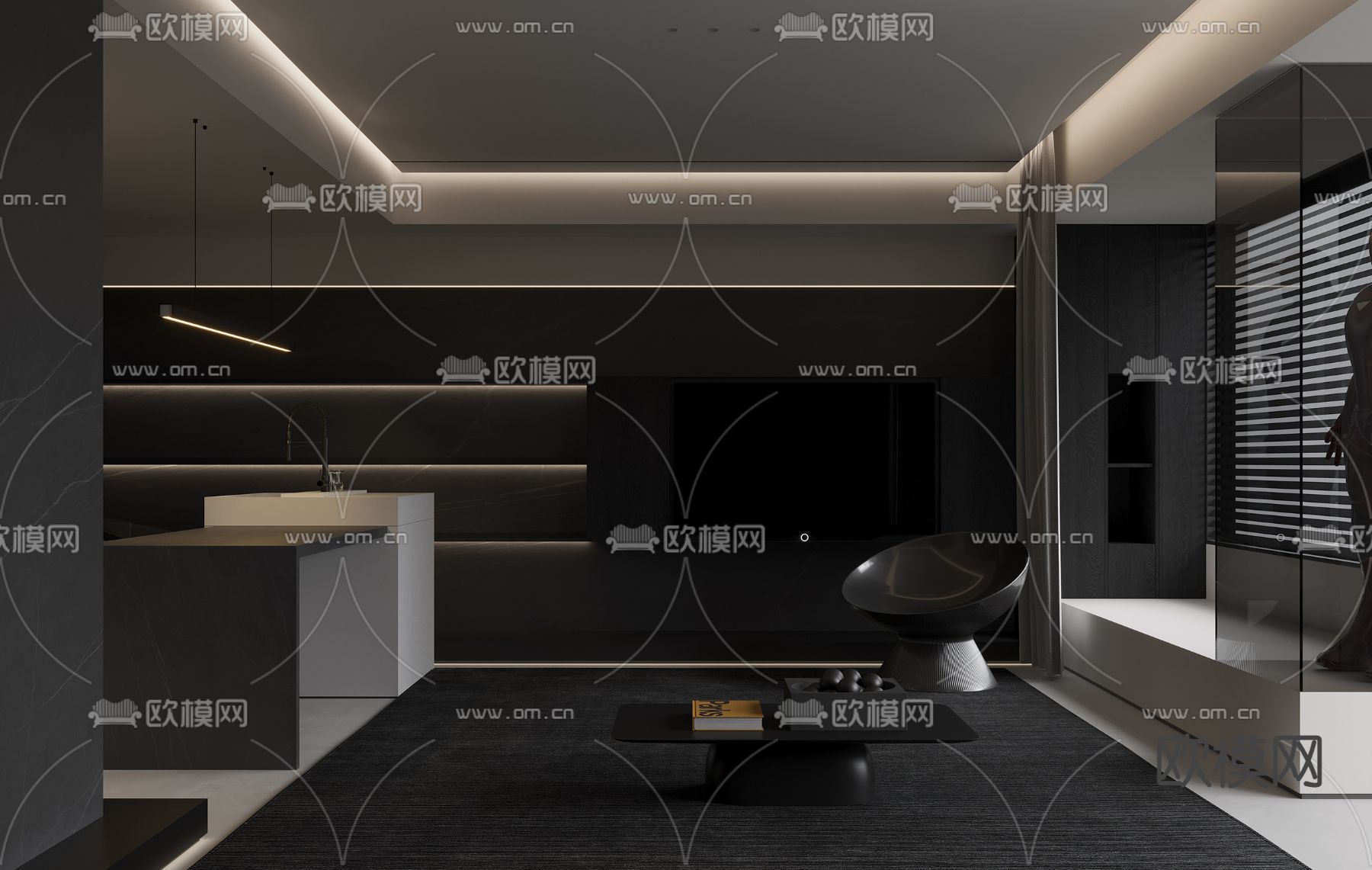 现代高级灰客厅餐厅su模型下载（渲染图2）