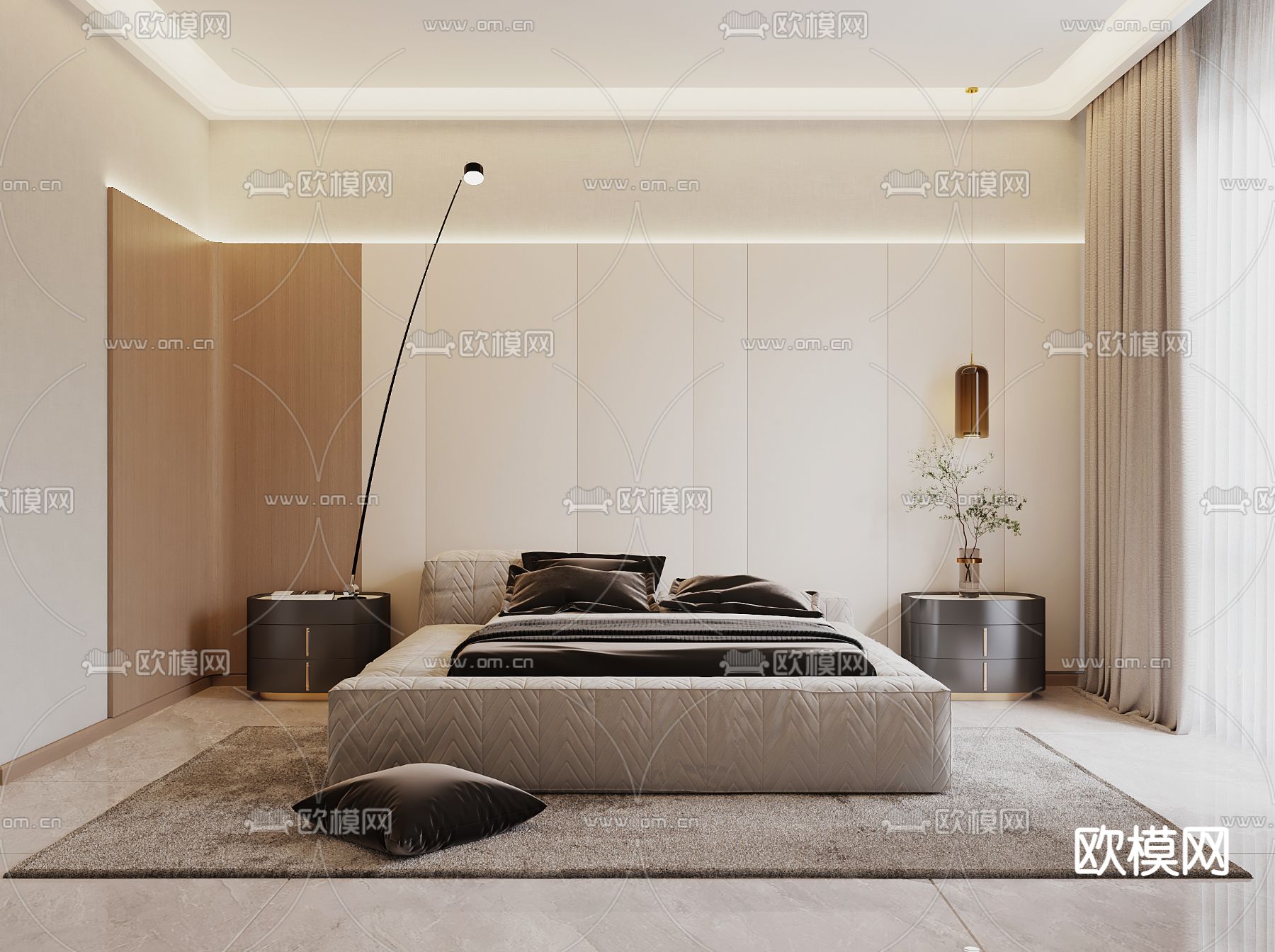 现代卧室主人房3d模型下载（渲染图1）
