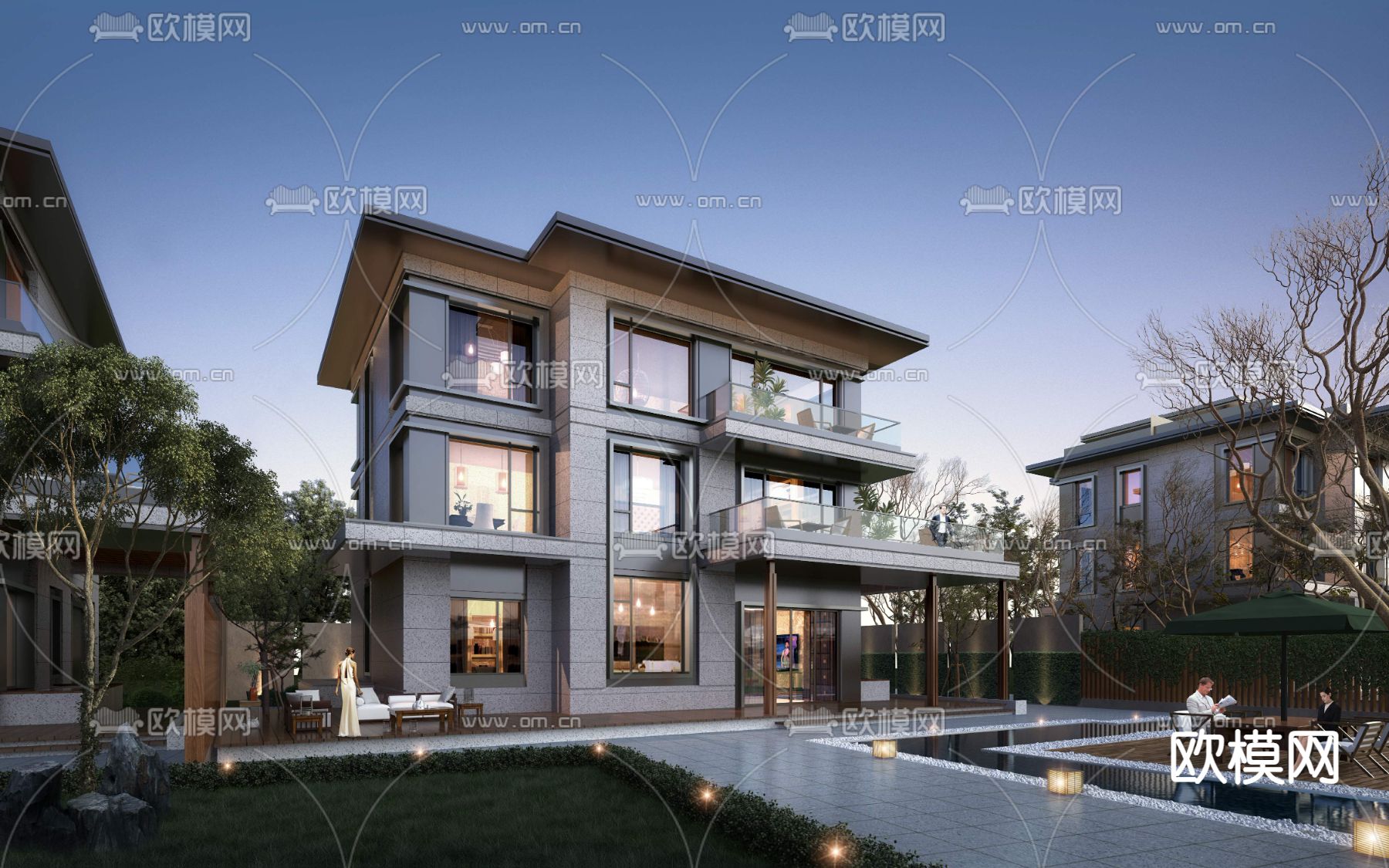 现代别墅外观夜景3d模型下载_ID12001333_3dmax免费模型-欧模网