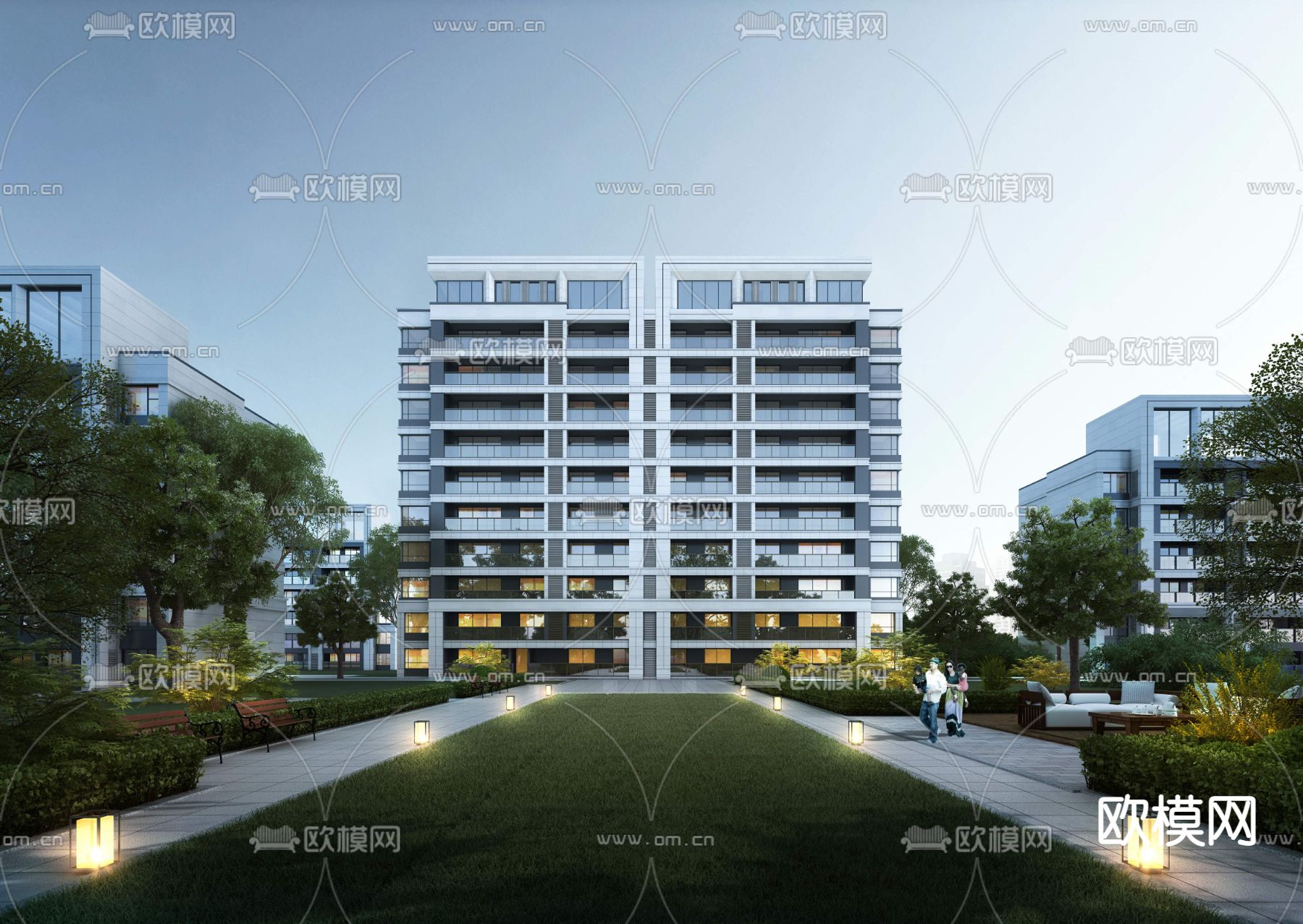 现代住宅小区夜景建筑外观3d模型下载