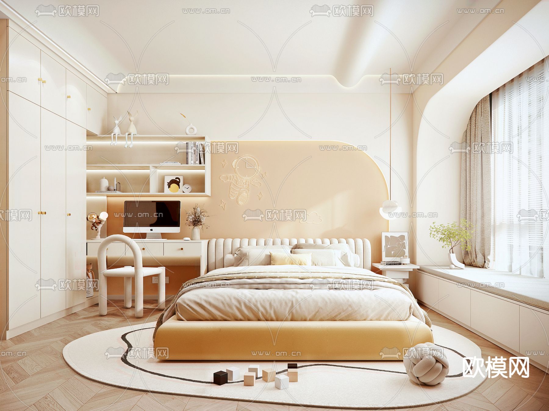 奶油风卧室儿童房3d模型下载