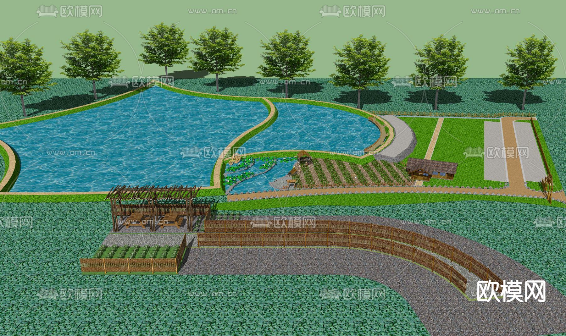 现代乡村农场稻田景观su模型下载