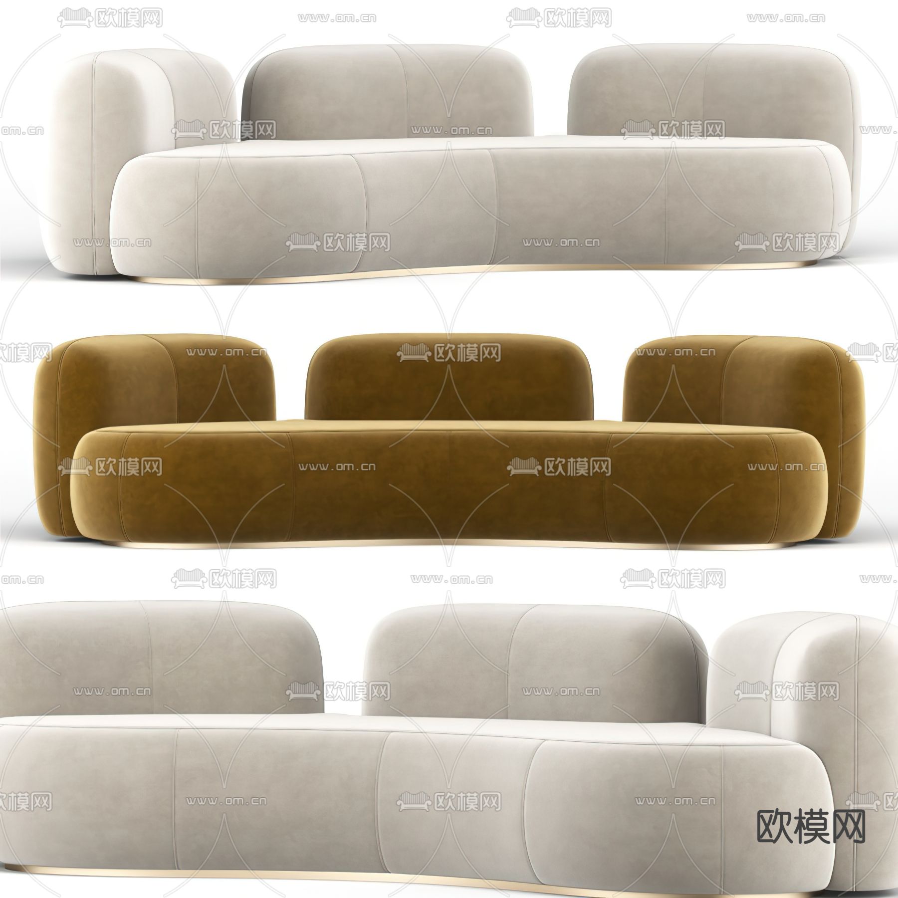 现代姜黄色米白色弧形沙发3d模型下载（渲染图2）