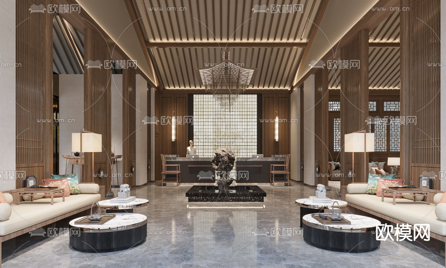 中式酒店大堂吧3d模型下载（渲染图1）