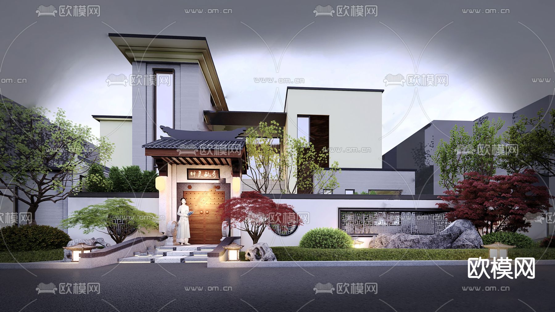新中式别墅庭院花园su模型