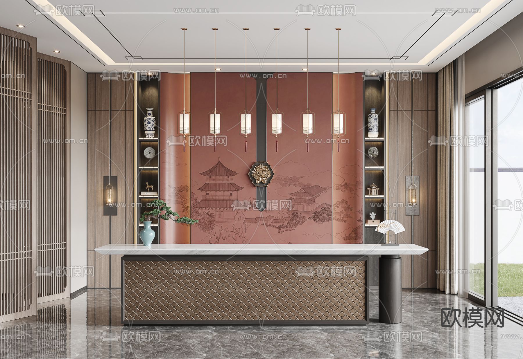 新中式鱼鳞前台接待台3d模型下载（渲染图1）