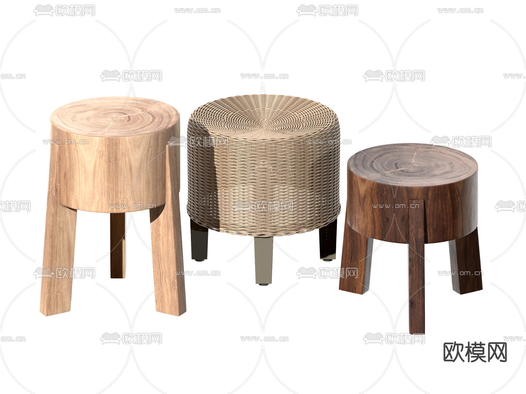 侘寂风实木藤编小凳子3d模型下载