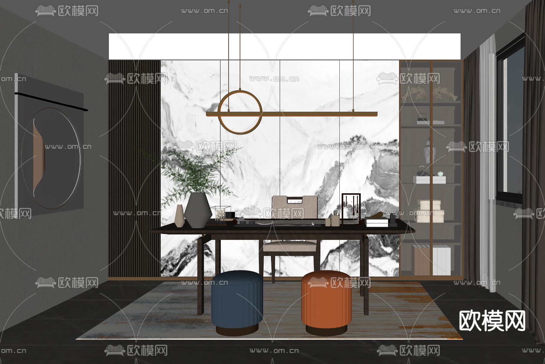 新中式书房su模型下载（渲染图2）