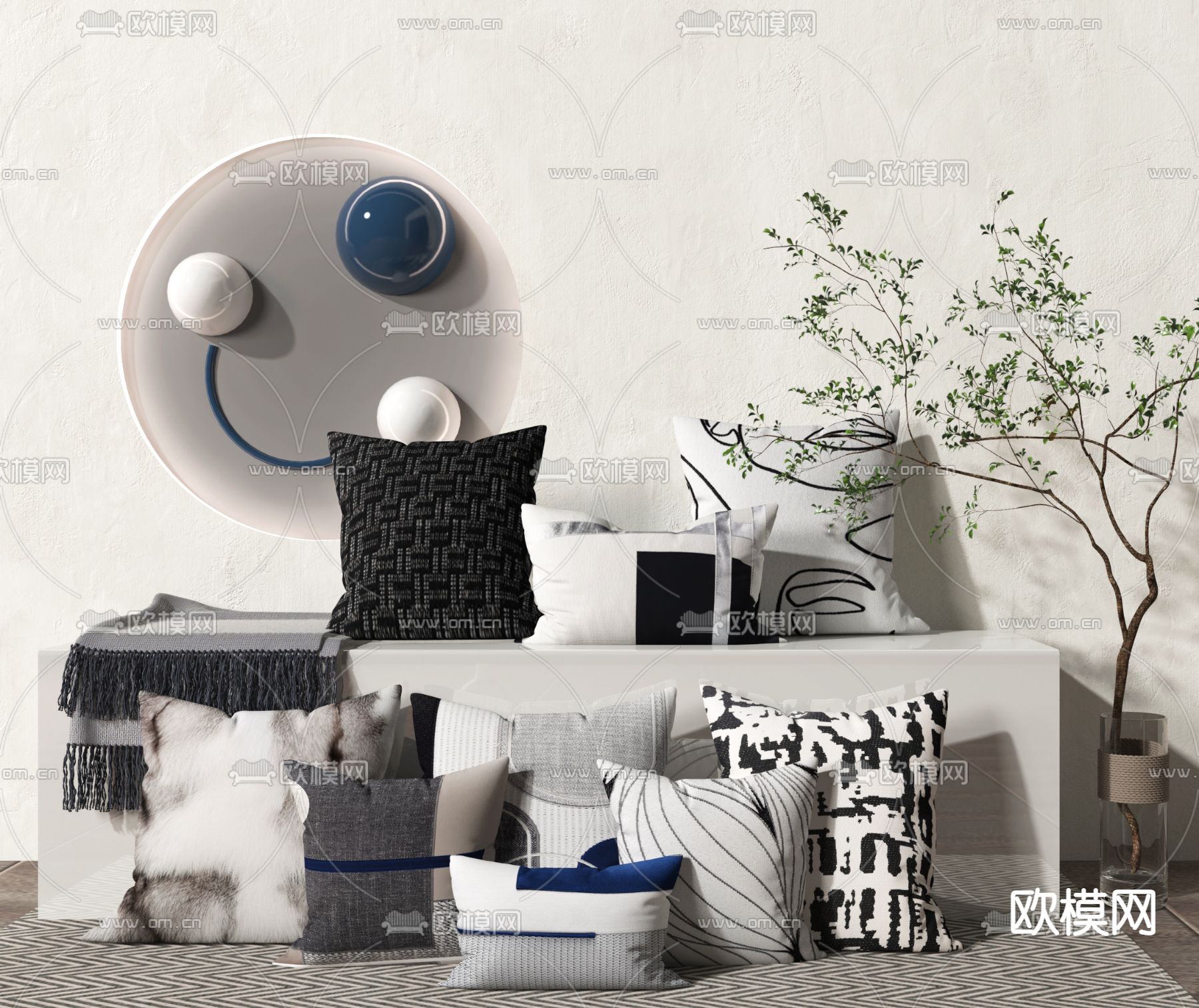 现代黑白布艺抱枕3d模型下载