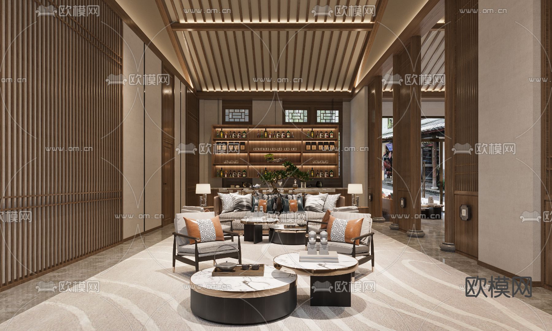 中式酒店大堂吧3d模型下载（渲染图2）