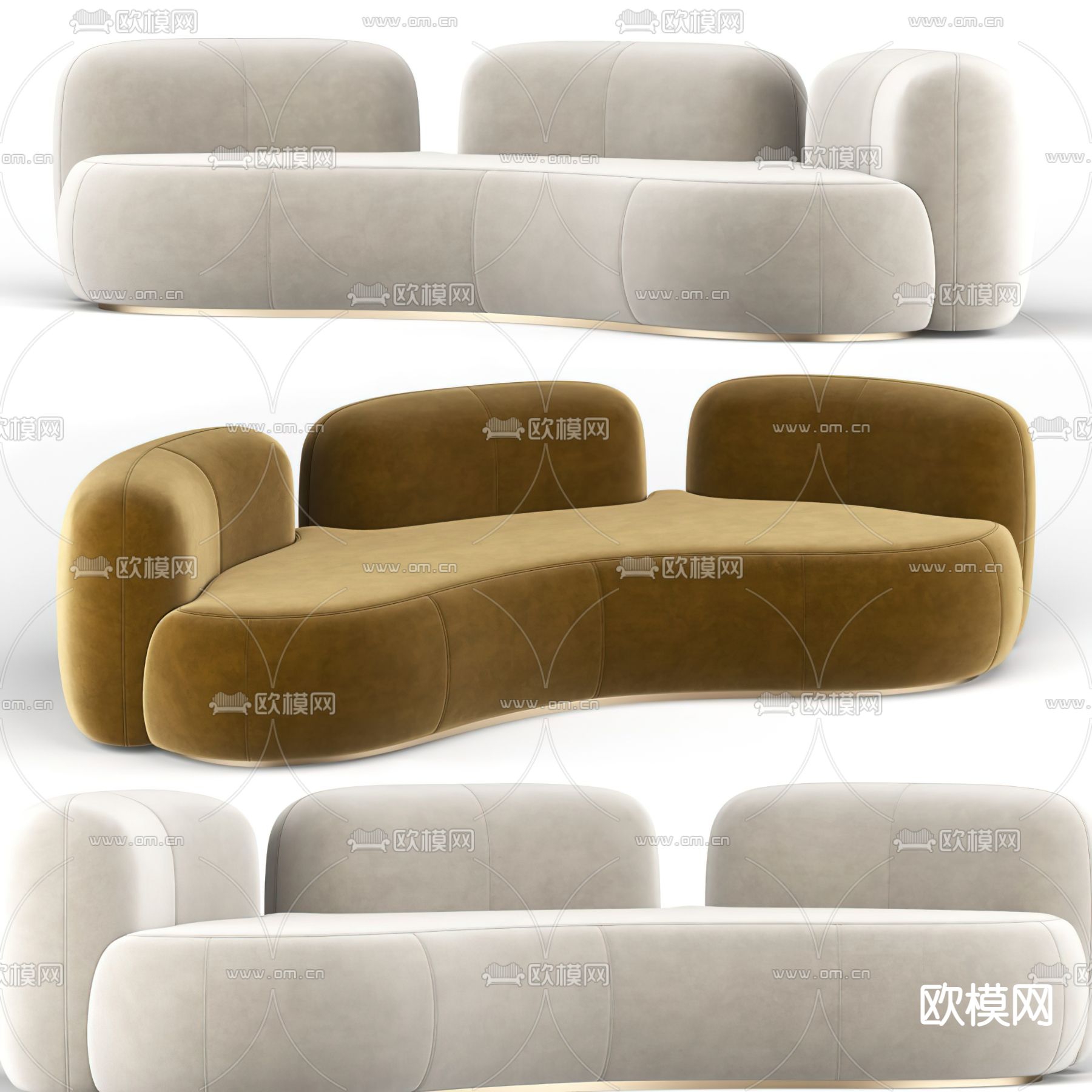 现代姜黄色米白色弧形沙发3d模型下载（渲染图1）