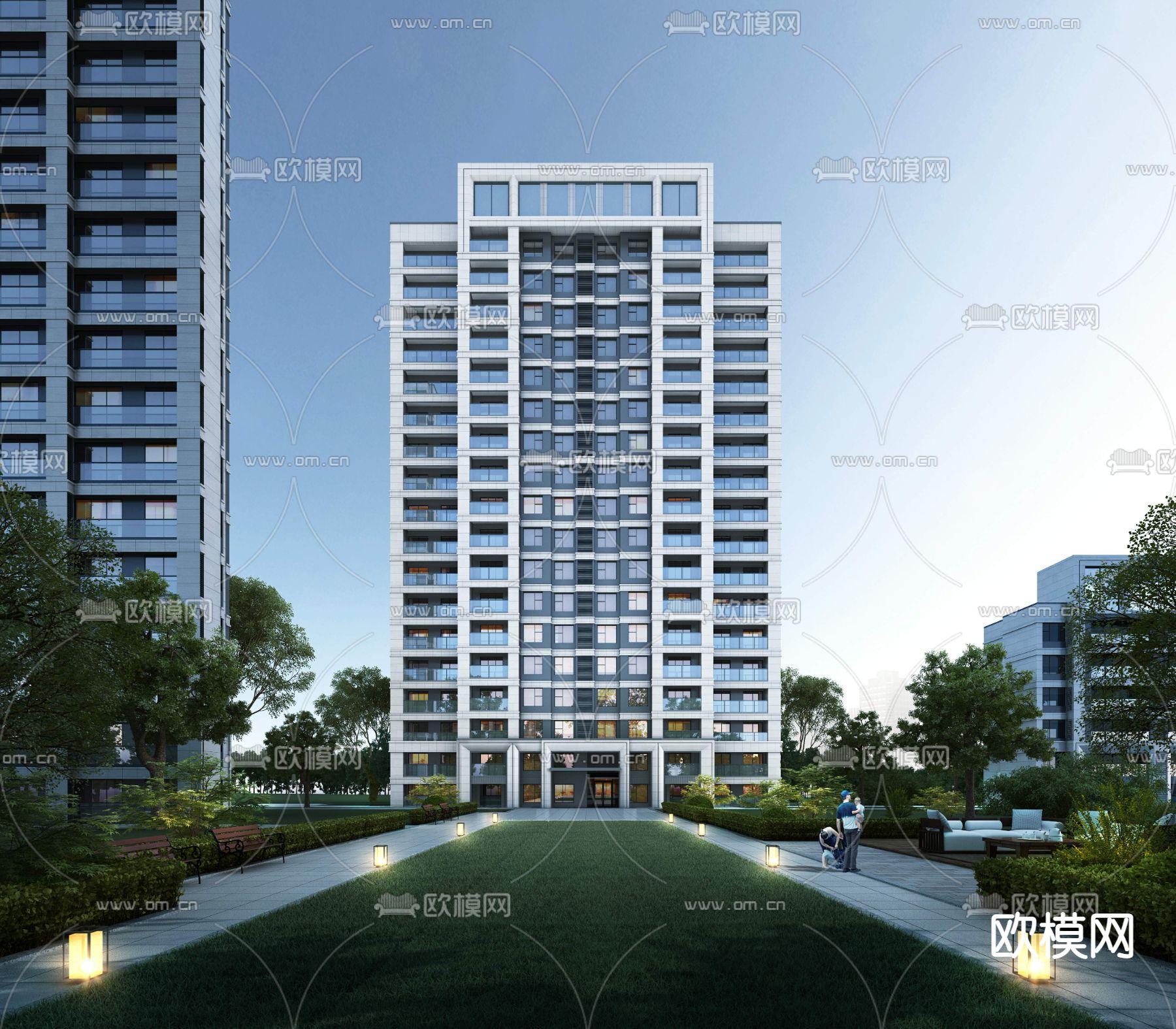 现代住宅小区夜景建筑外观3d模型下载_ID12003521_3dmax免费模型-欧模网