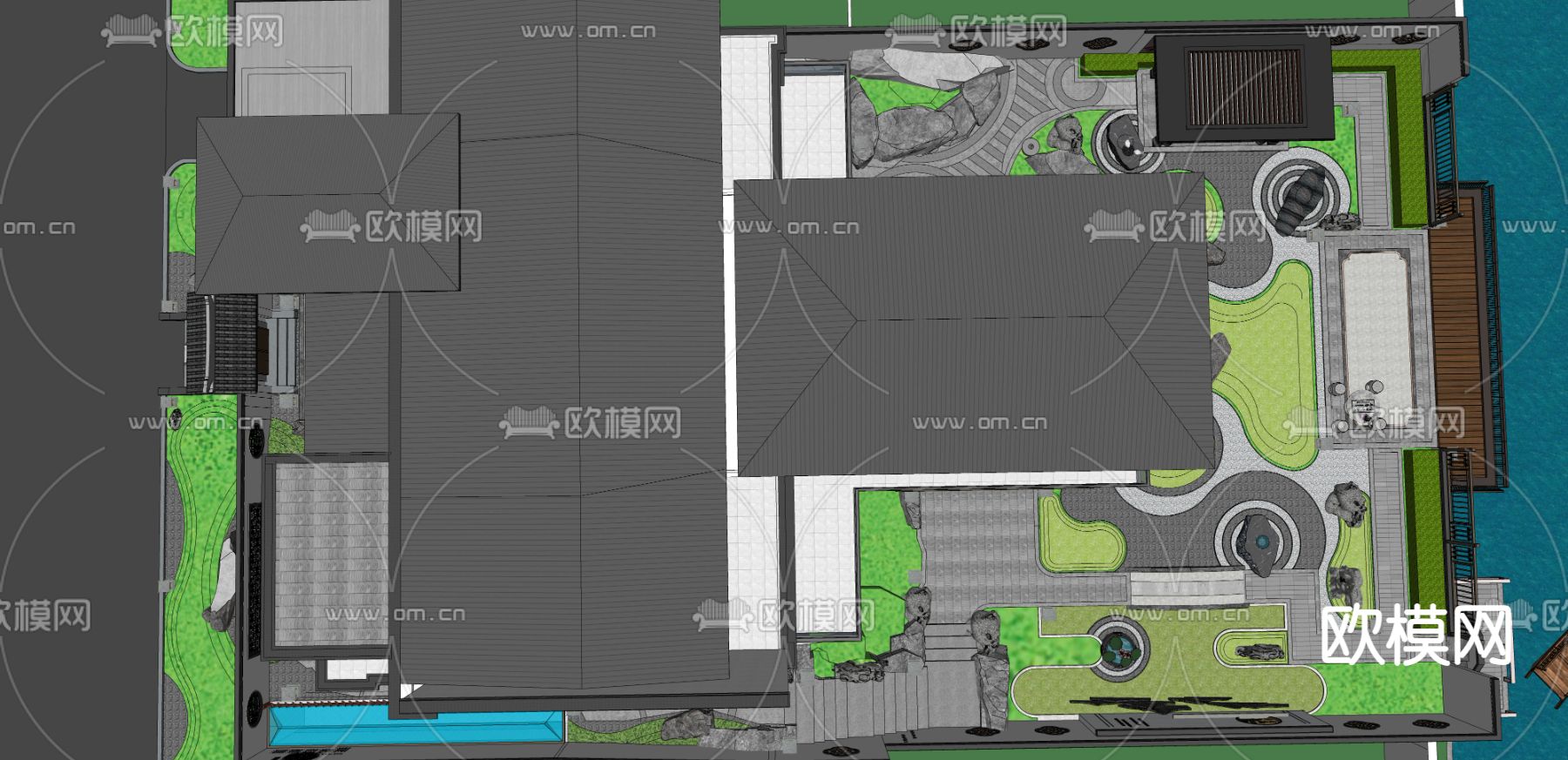 新中式别墅庭院花园su模型