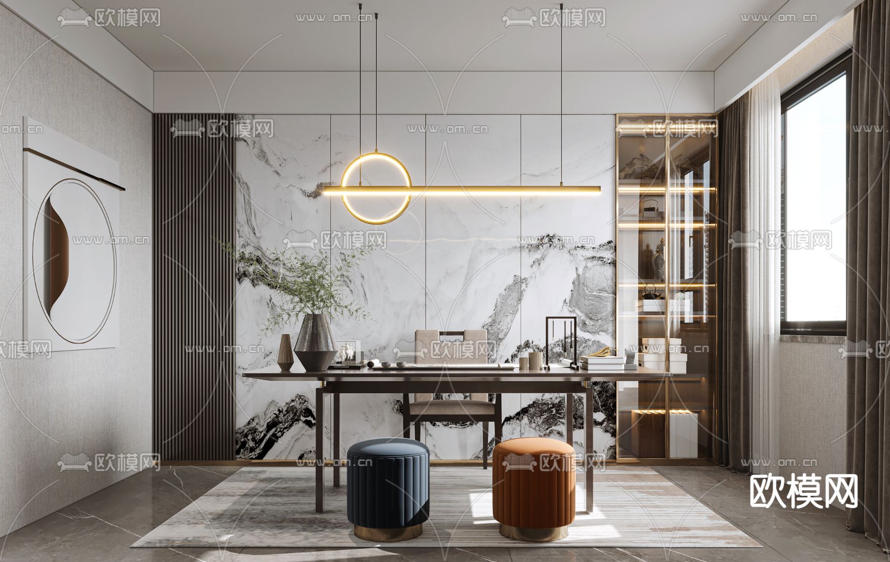 新中式书房su模型下载（渲染图1）