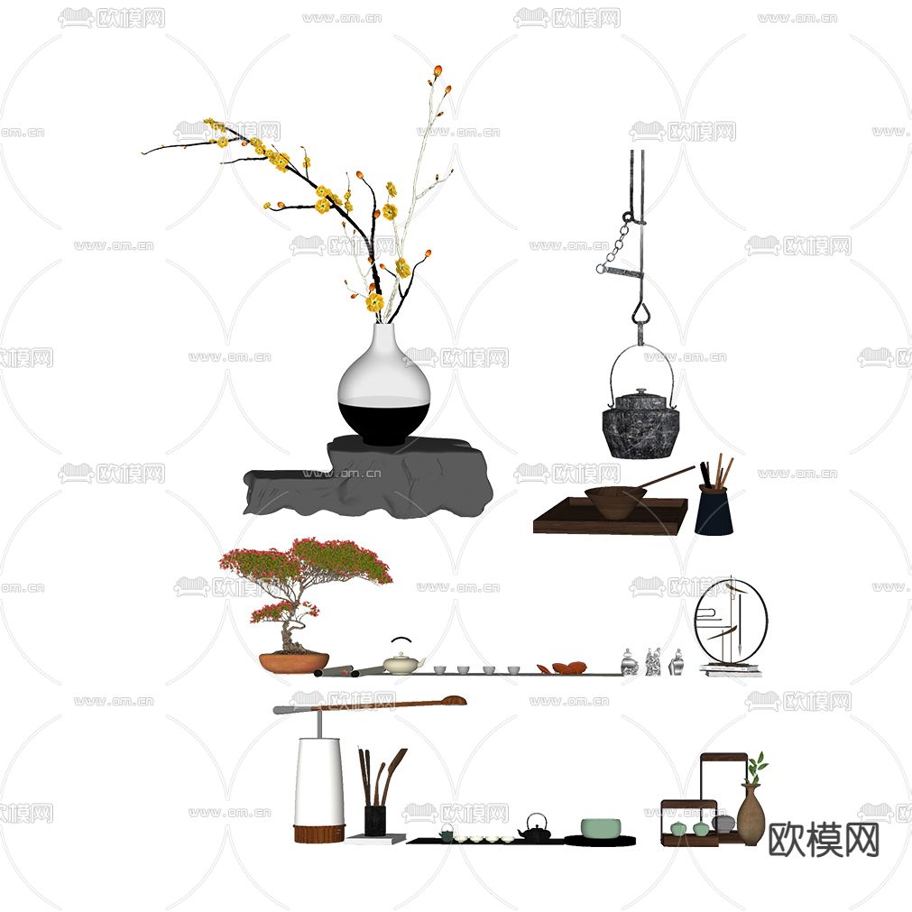 新中式茶壶茶具su模型下载