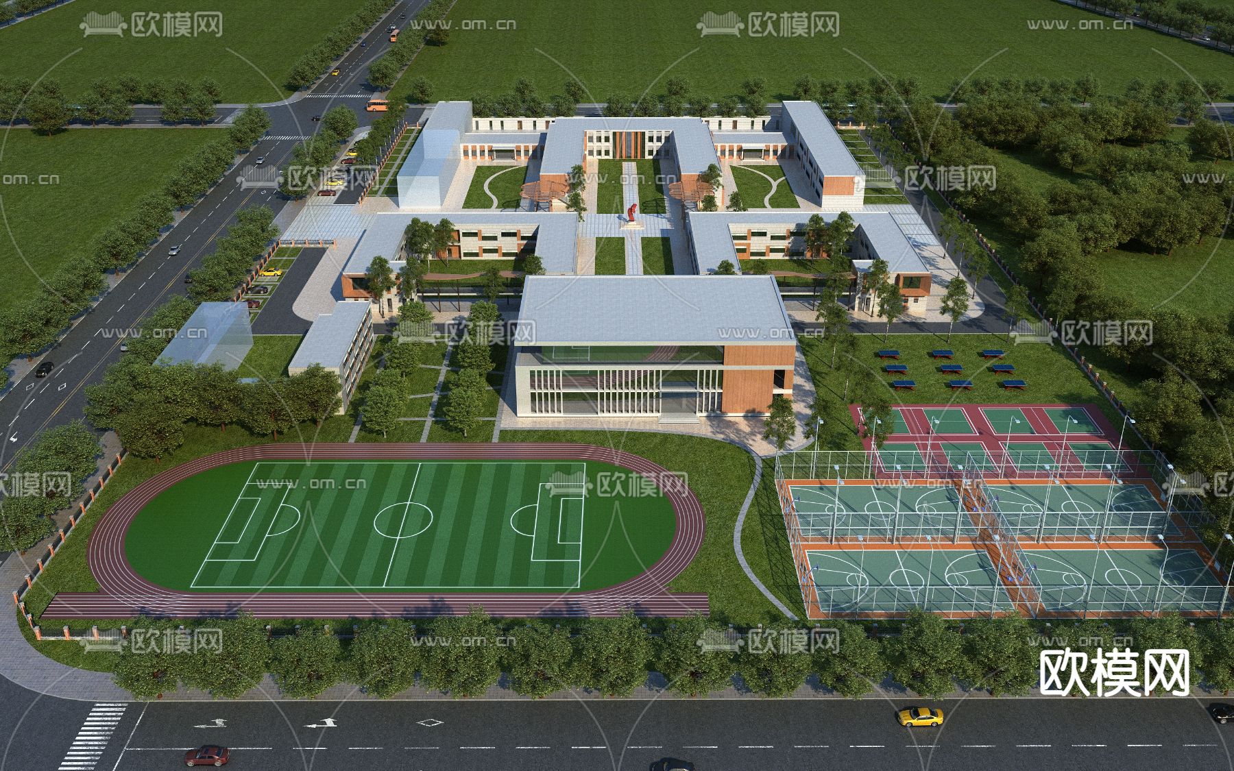 现代学校操场鸟瞰3d模型下载