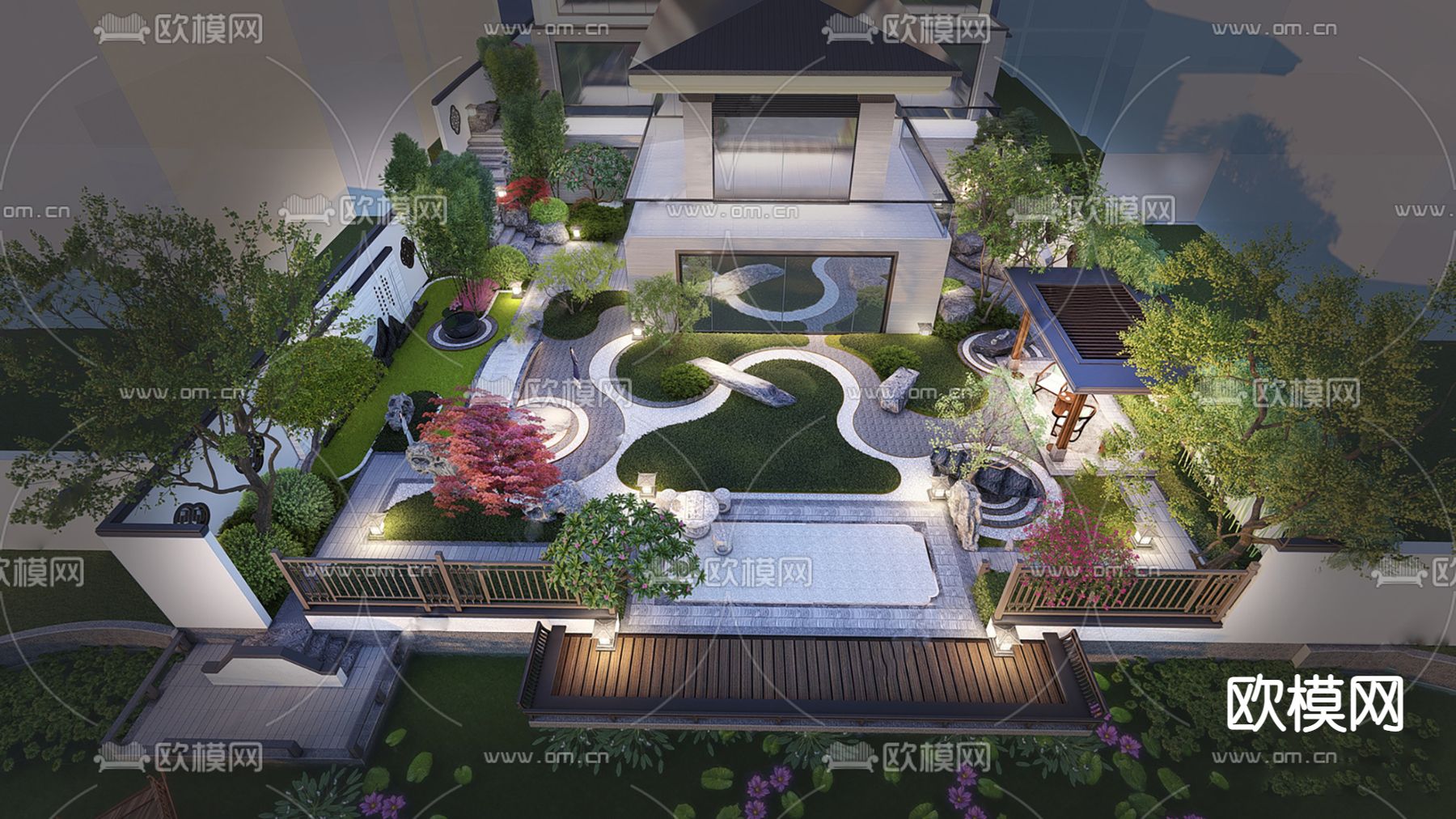 新中式别墅庭院花园su模型