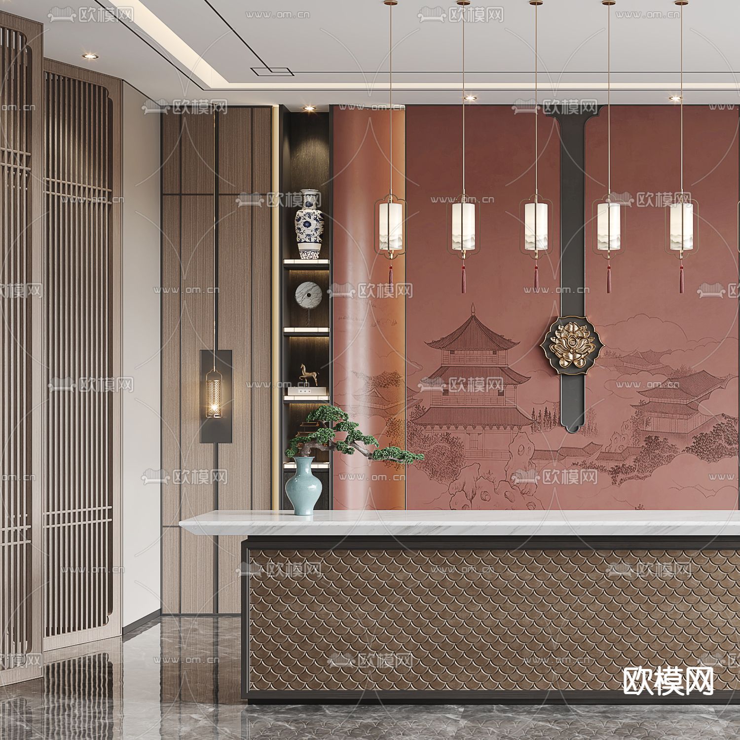 新中式鱼鳞前台接待台3d模型下载（渲染图2）