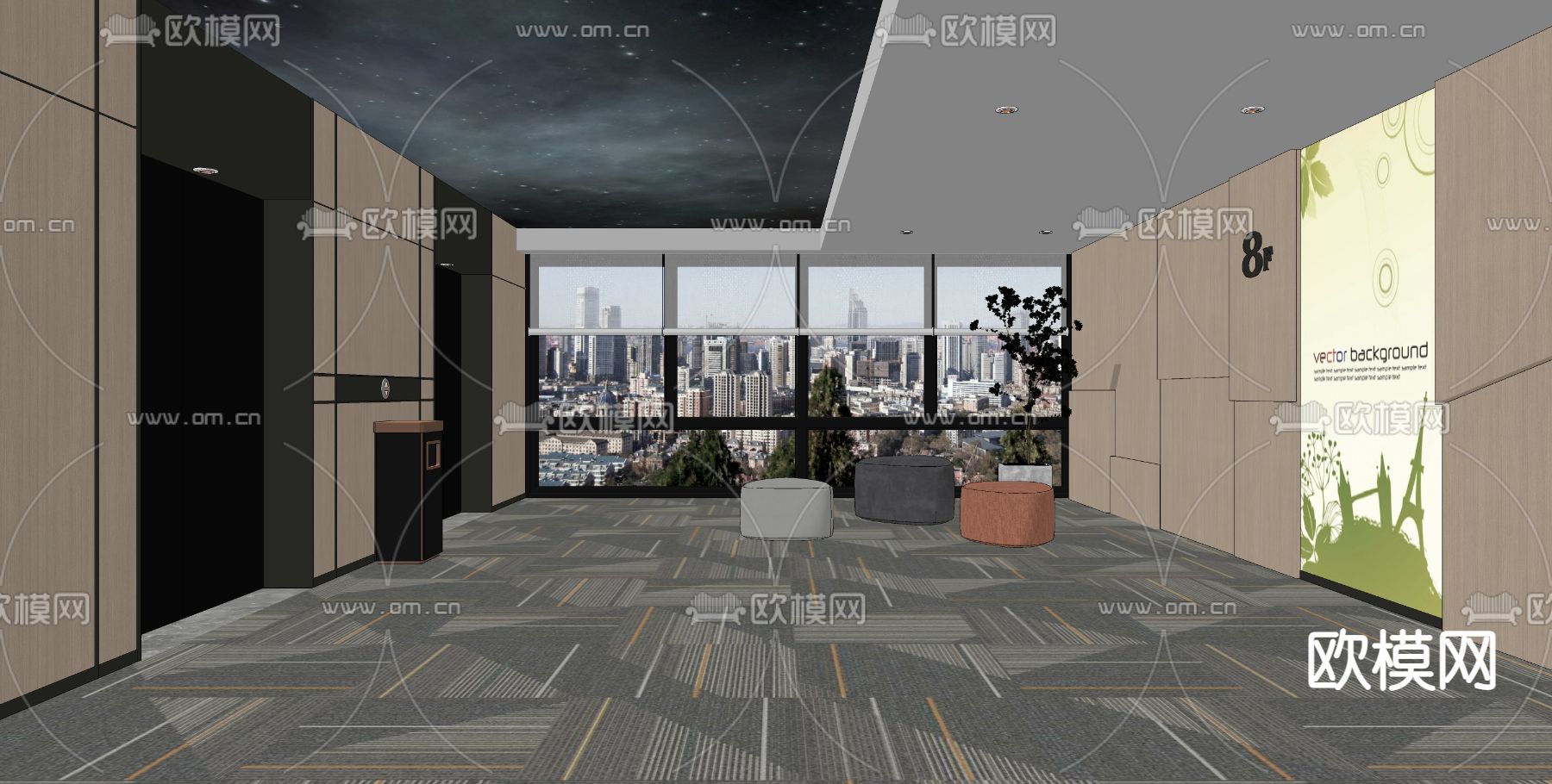 现代办公楼电梯间su模型下载（渲染图2）