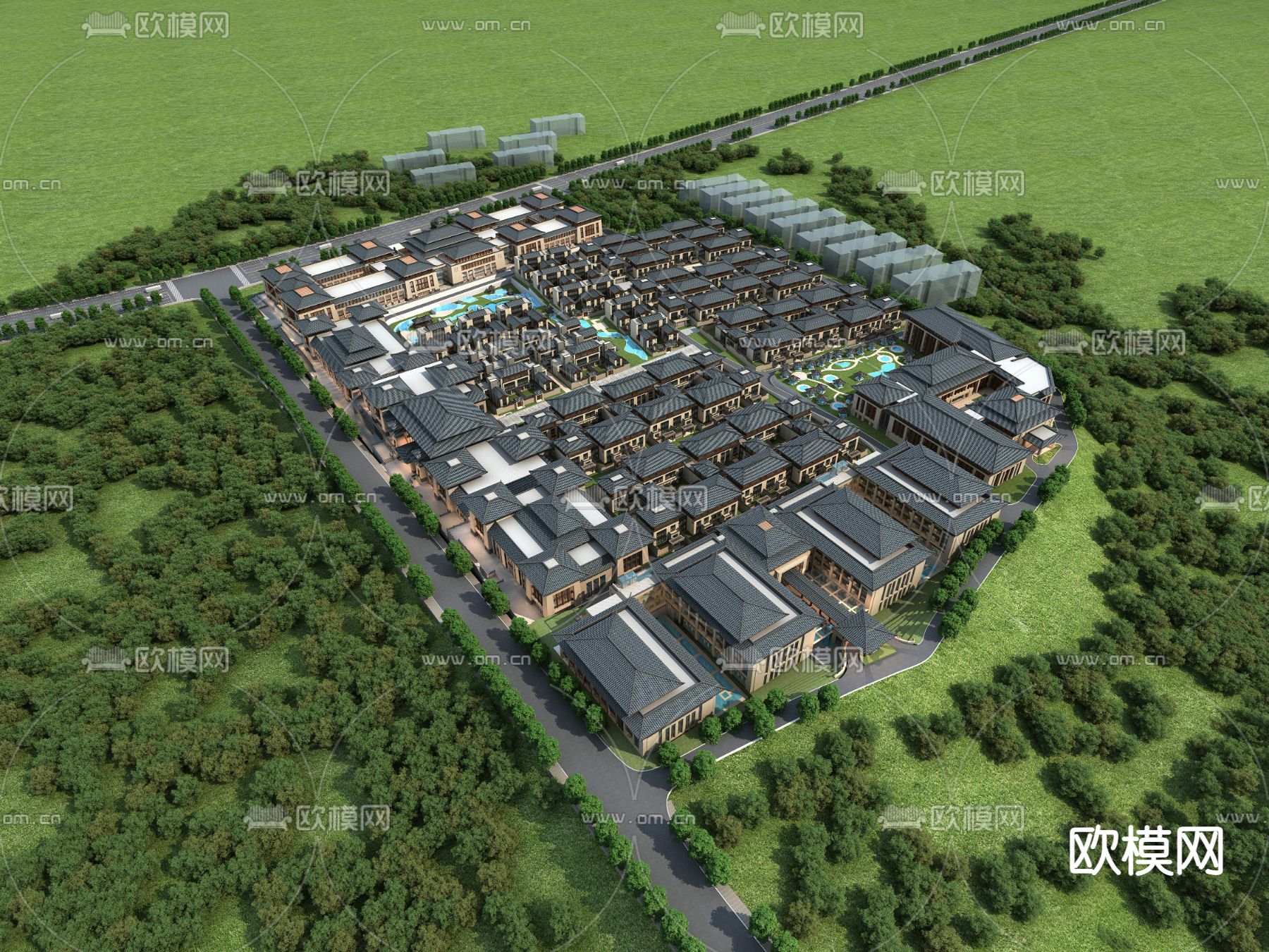 中式连排别墅鸟瞰规划3d模型下载