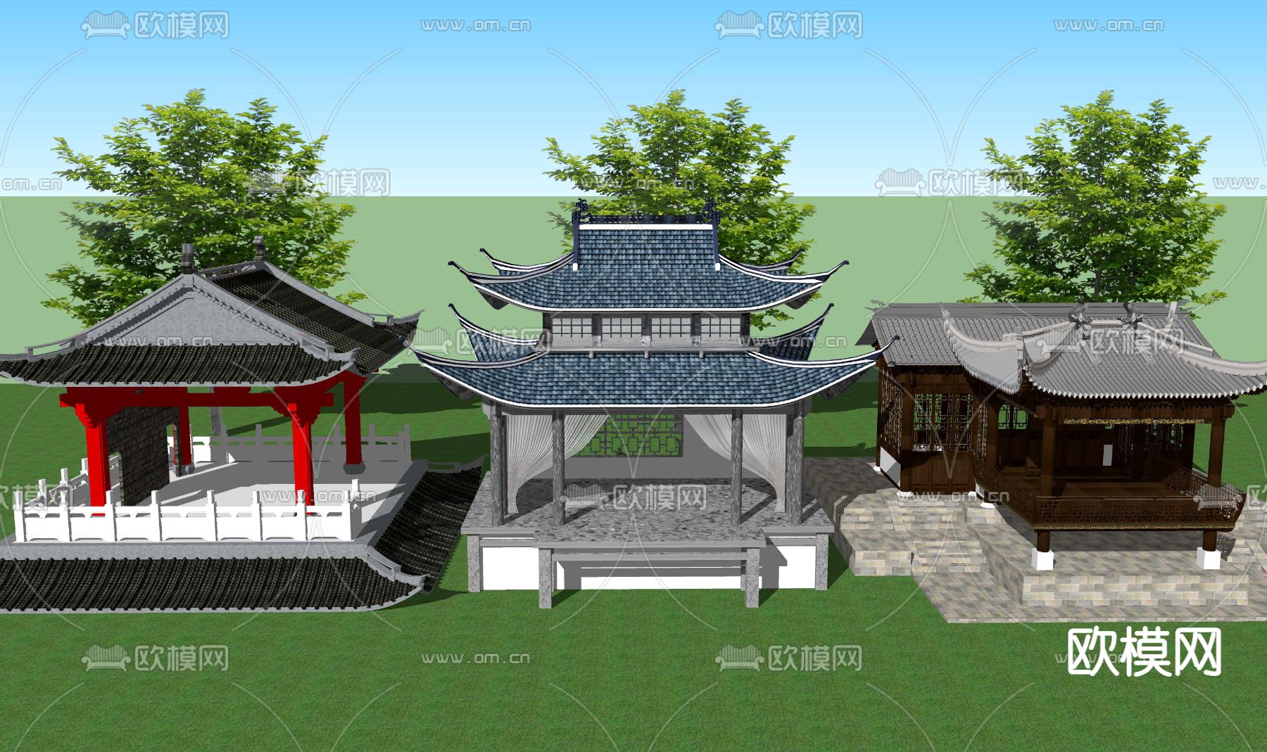 中式古建戏楼台su模型下载