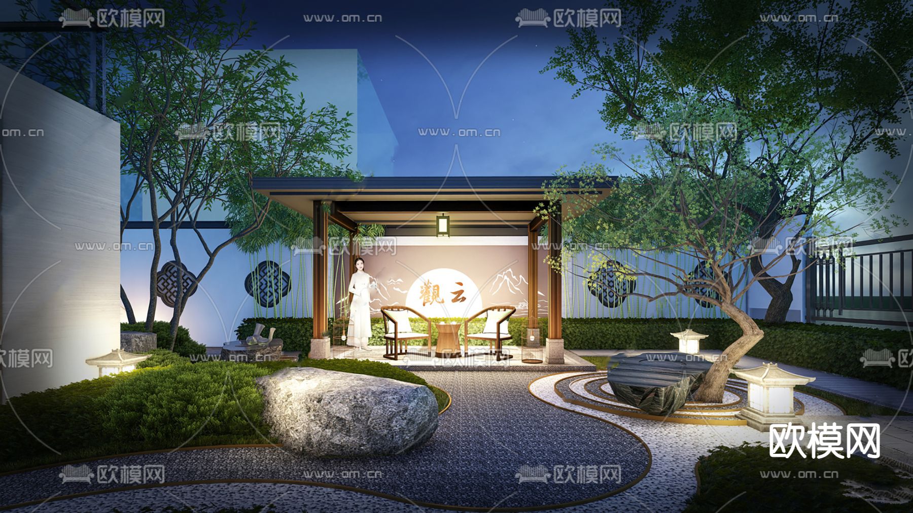 新中式别墅庭院花园su模型