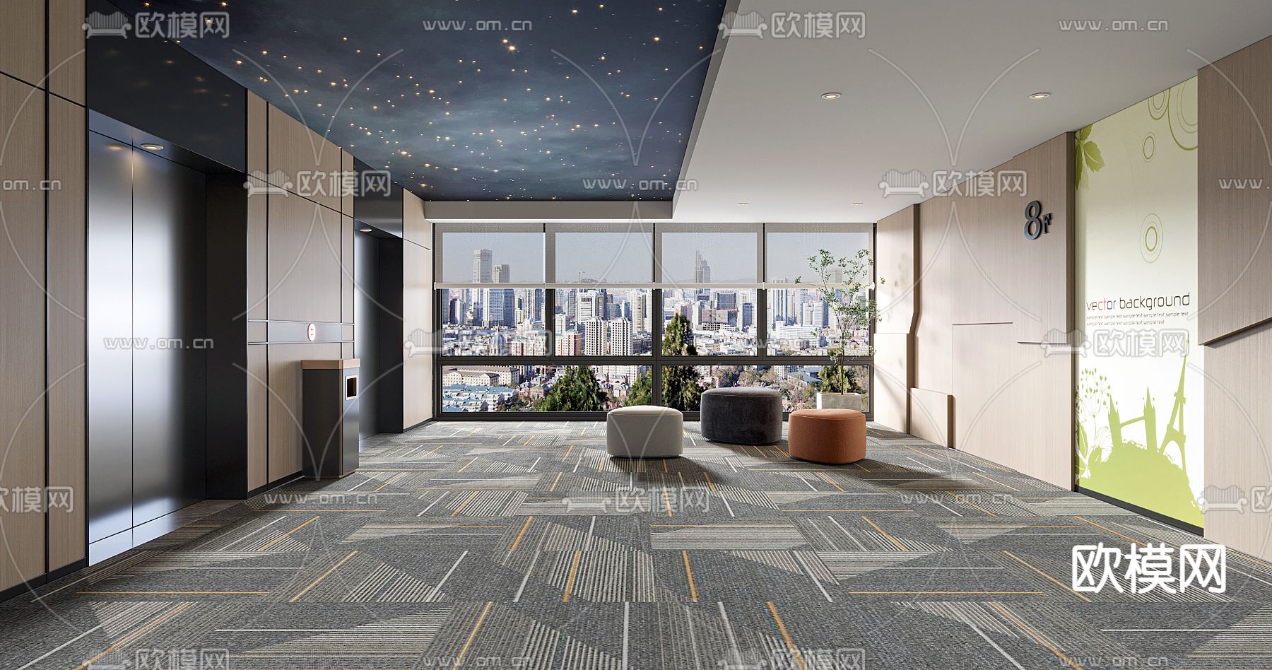 现代办公楼电梯间su模型下载（渲染图1）